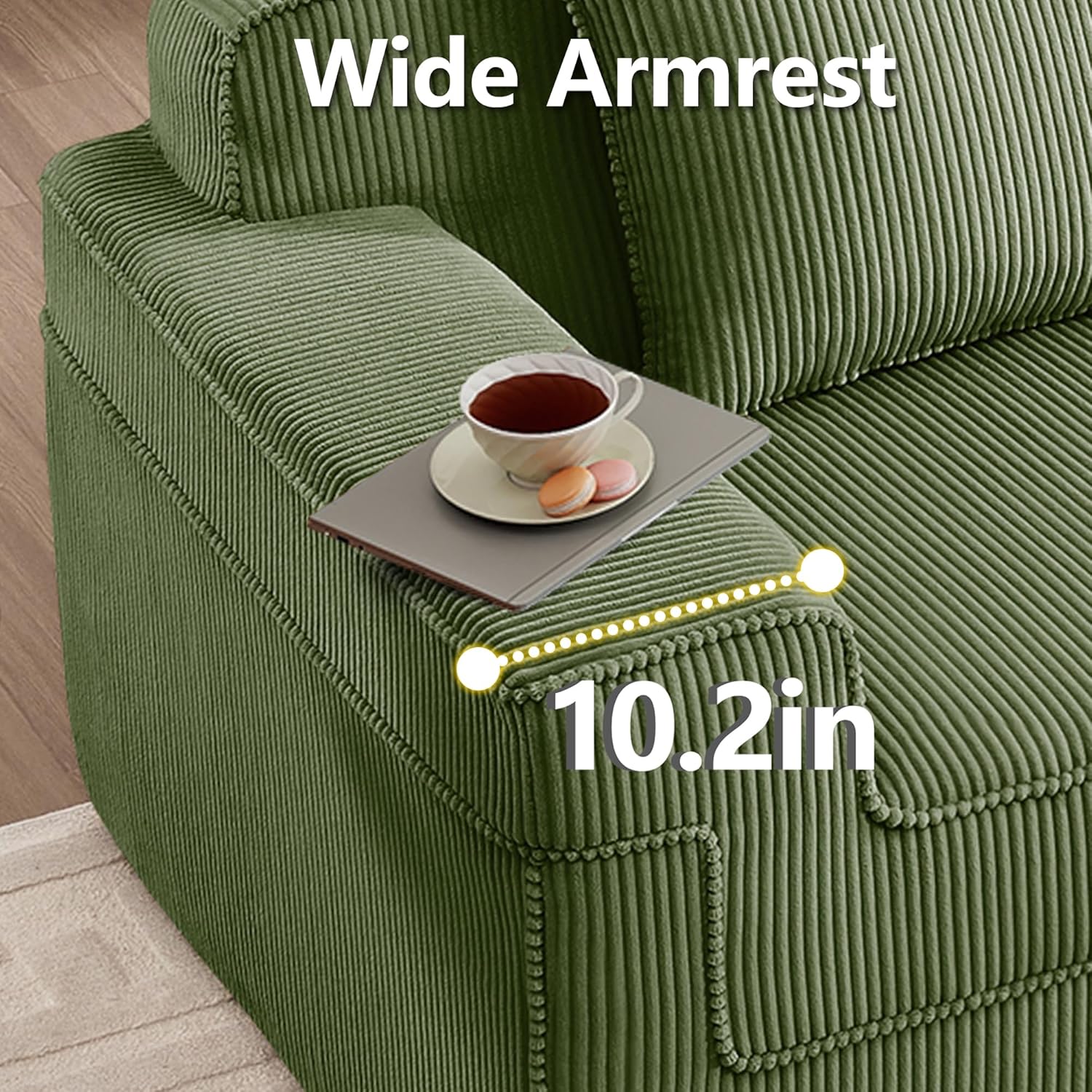 153.5 Cloud Sofa with Deep Seats and Wide Armrests，Boneless Sectional Couch with High Density Memory Foam Sofa, 4 Seater Sofa for Living Room Apartments - No Assembly, Corduroy,Green