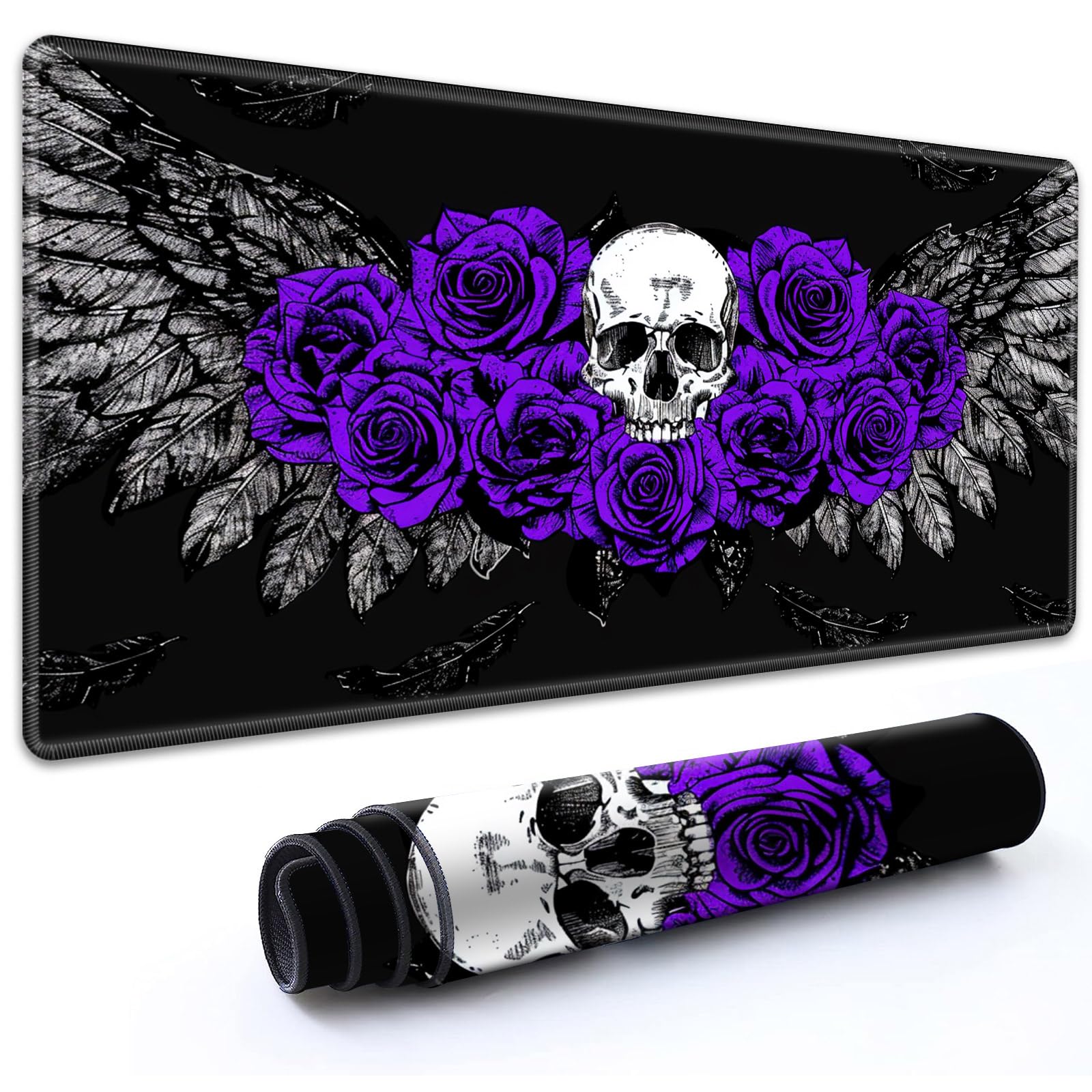 RMJKXQZG for MTG Playmat 35.5" x 19.7"(90cm x 50cm) with High Elastic Rubber Base Non-Slip Rubber Sole HD Printing for TCG Mat Magic Playmats MTG Game Mat, Purple Roses Skull Angel Wing
