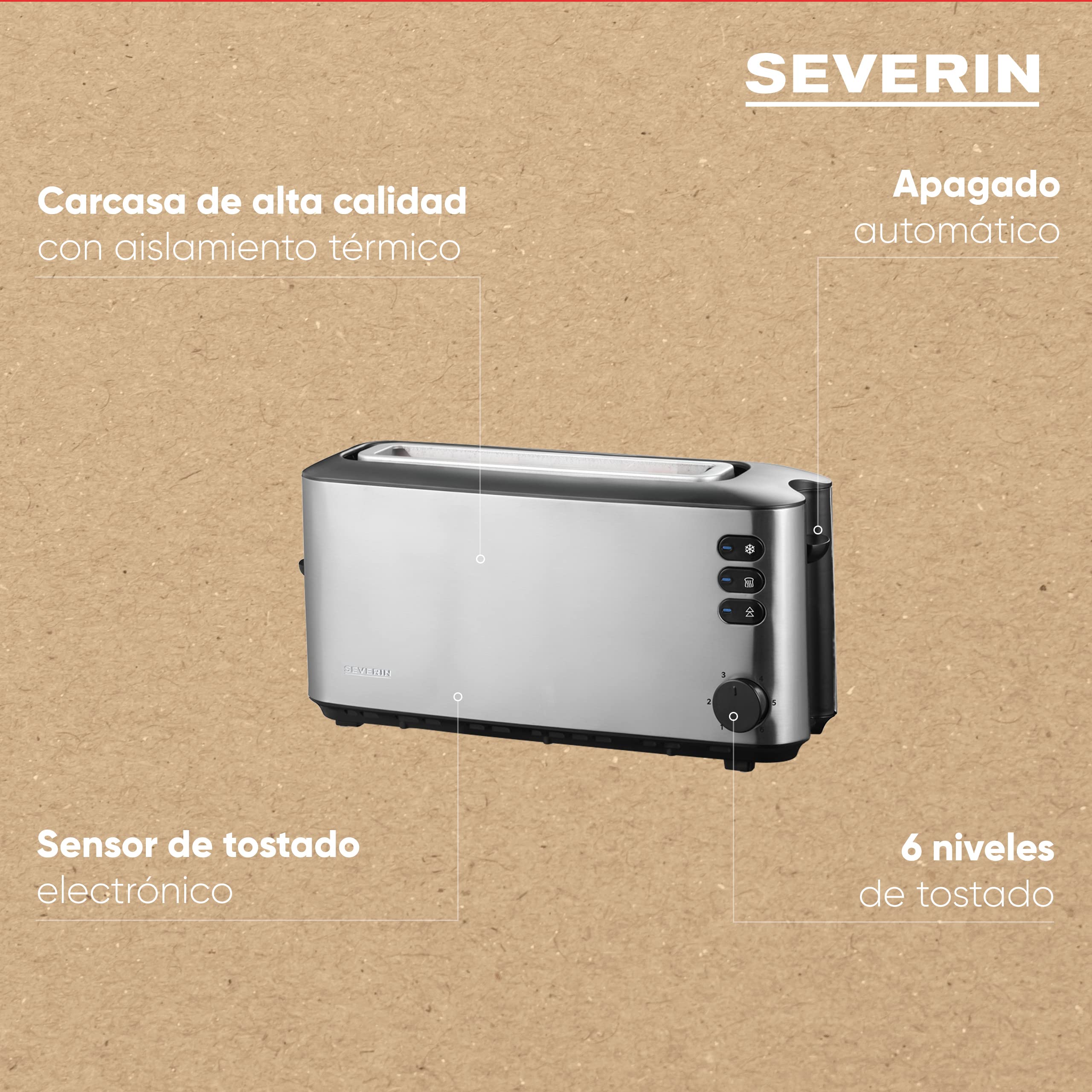 Severin Tostadora automática, tostador largo con soporte para panecillos, tostadora eléctrica para tostar, descongelar y calentar, 1000 W, acero inoxidable/negro, AT 2515