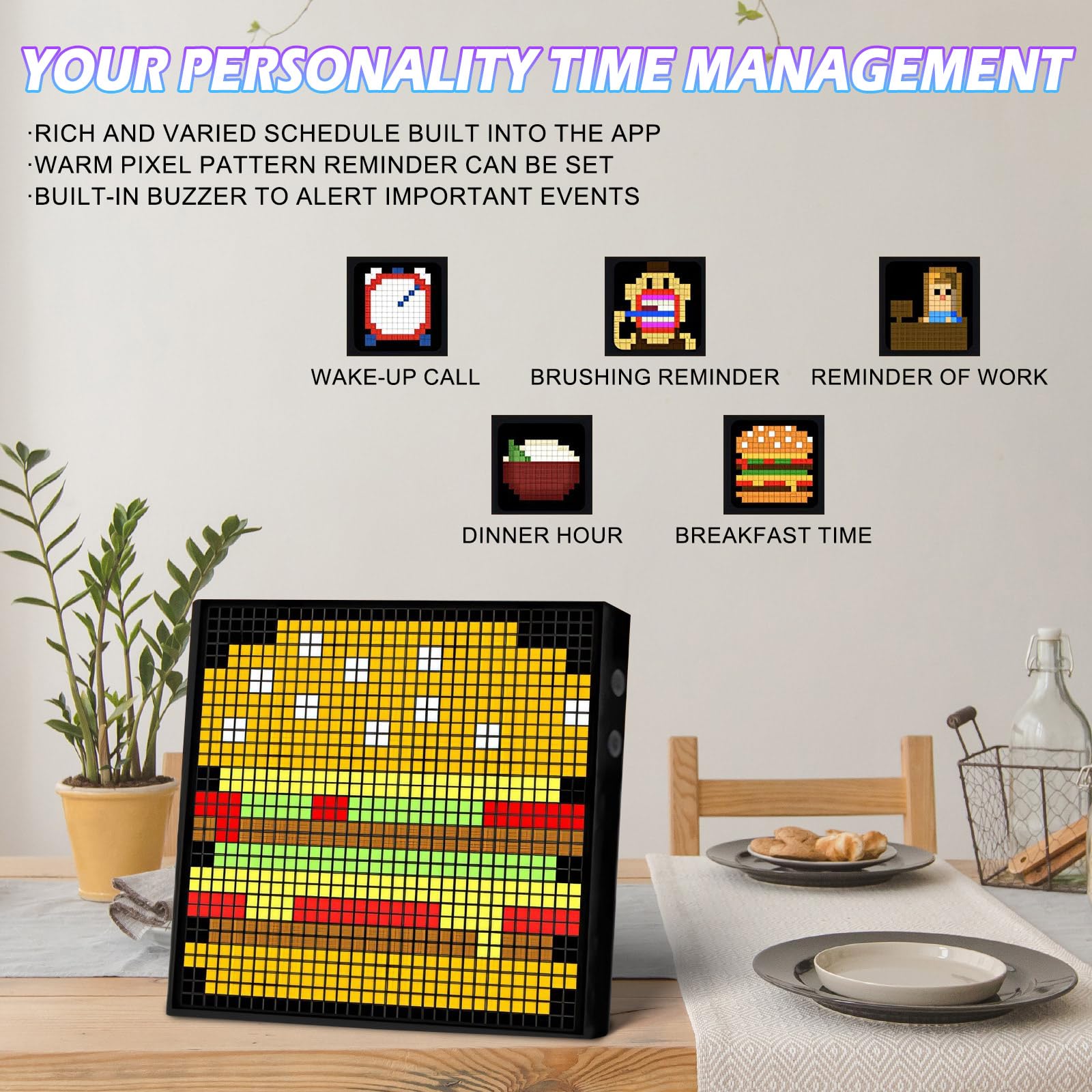 Cornice per foto digitale a LED Pixel Art, 32 x 32 RGB, pannello di visualizzazione programmabile, Bluetooth portatile intelligente e controllo tramite app, cartello LED per sveglia