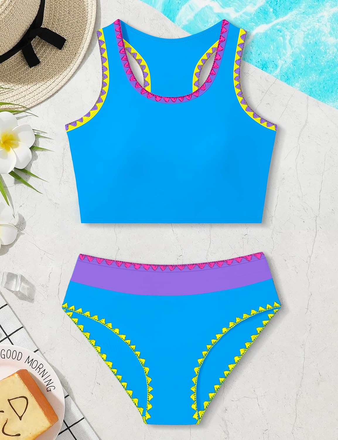 NECIOUS Girls Swimsuit Two Piece High Waist Sporty Bikini Sets Color Block Bathing Suit with Chest Pad Girls' Swimwear 9-16Y