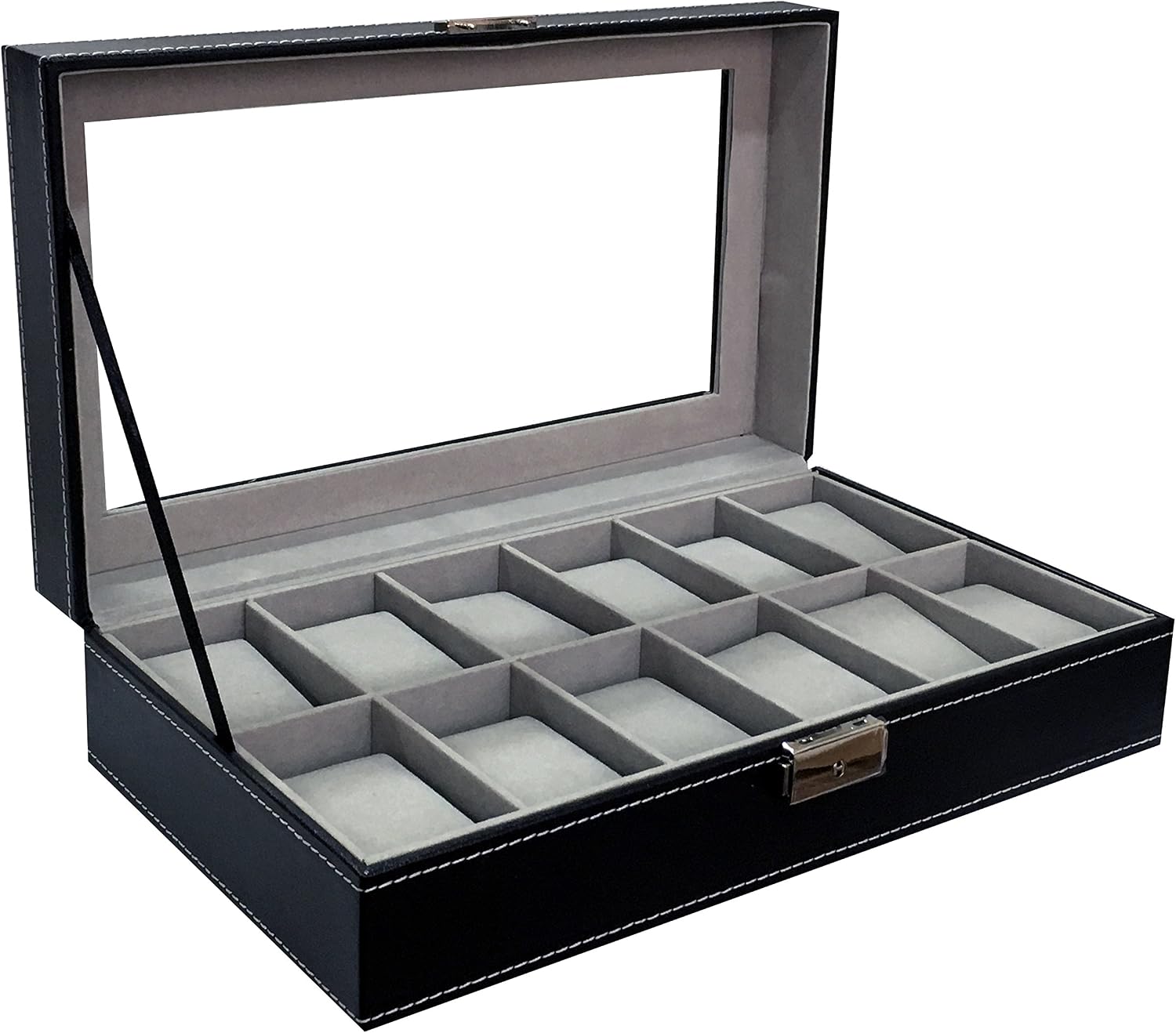 12 Mens Large Watch Box Black Pu Leather Display Glass Top Jewelry Case Organizer Box