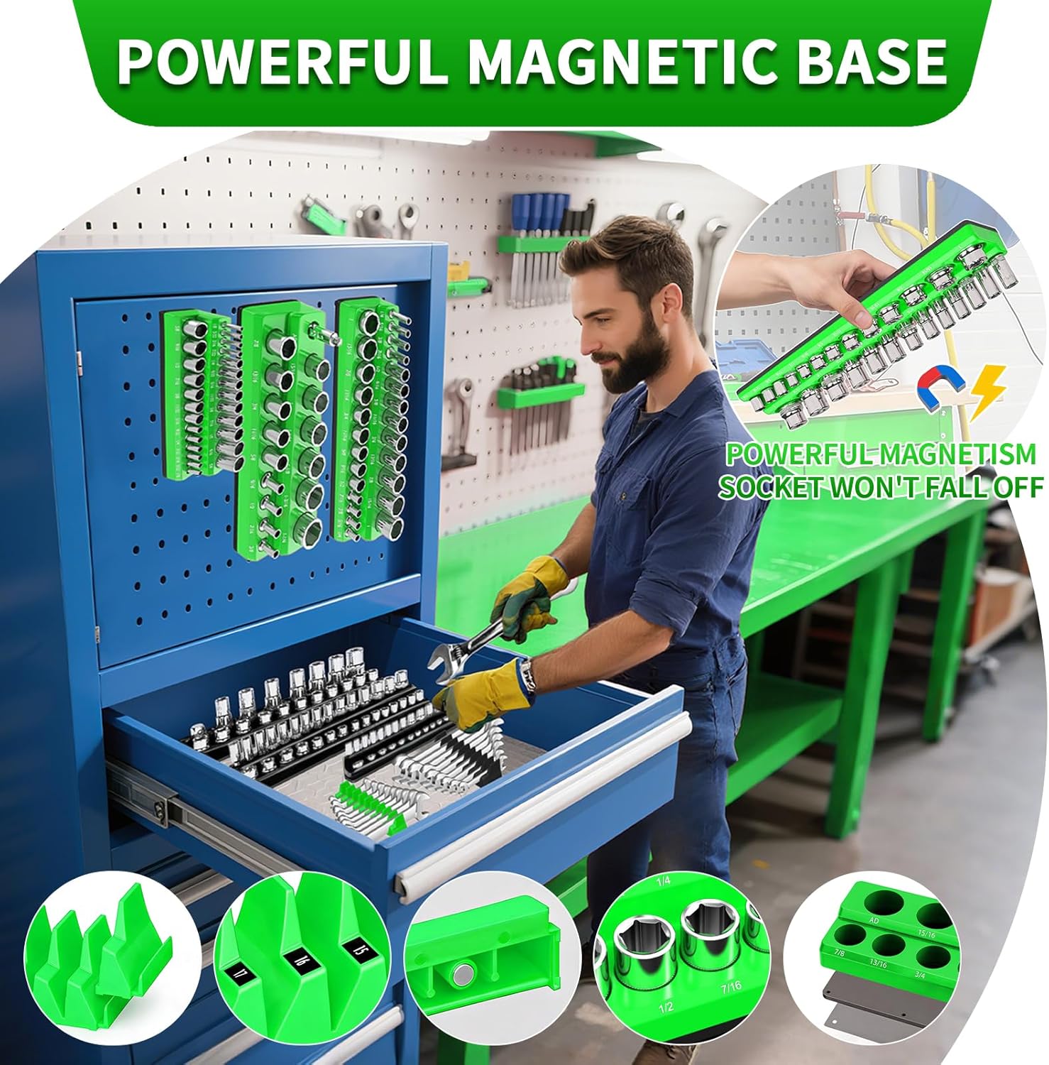 Magnetic Socket Organizer Set, 8PCS Socket Holder, 6 Socket Trays & 2 Wrench Racks, Metric & SAE Tool Box Organizer for 1/4", 3/8", 1/2" Sockets for Toolbox Storage (Black and Green, 8Pcs)