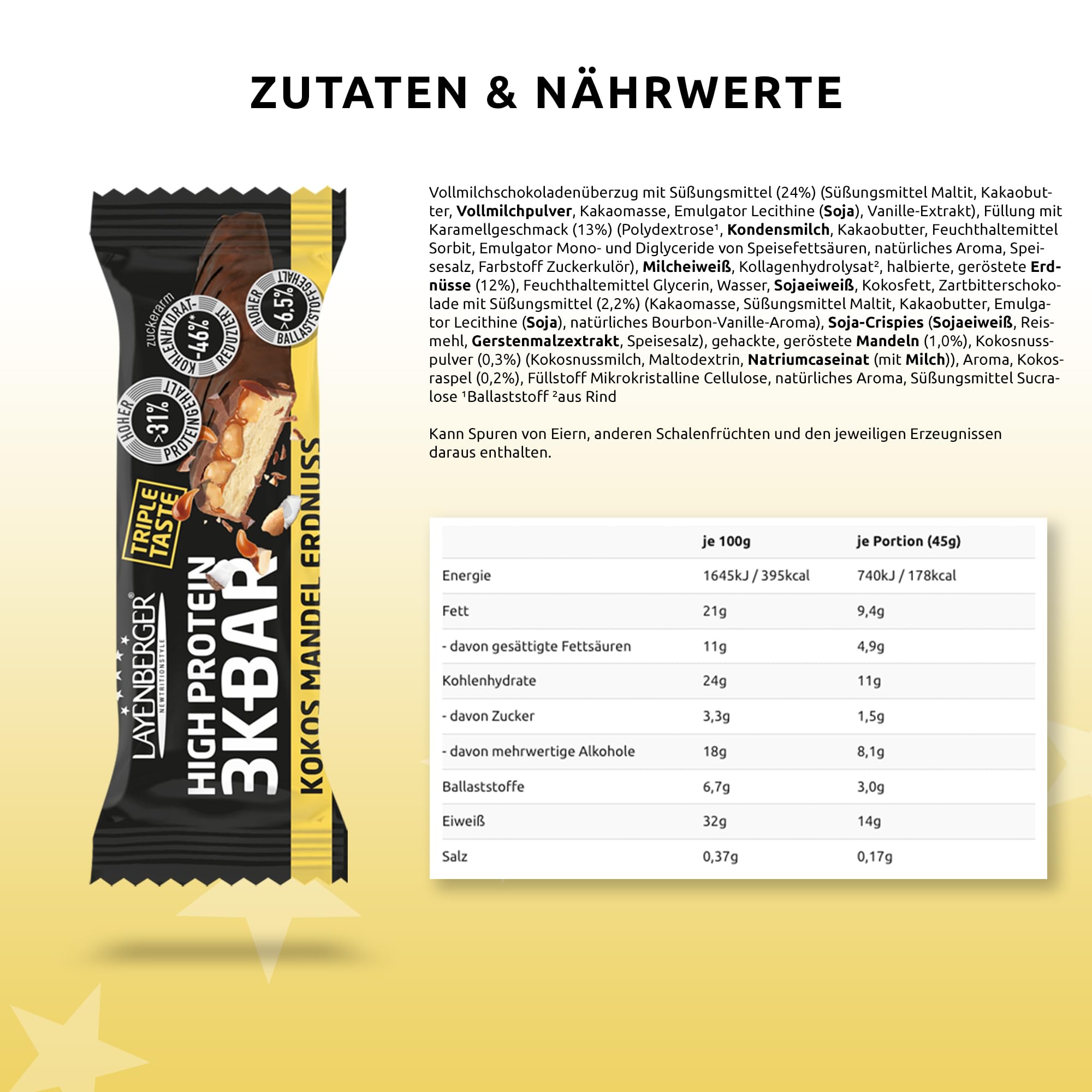 Layenberger 3K BAR Triple Taste Kokos Mandel Erdnuss (21x45 g) | High Protein Riegel, viel Eiweiß, wenig Kohlenhydrate, insgesamt 945 g