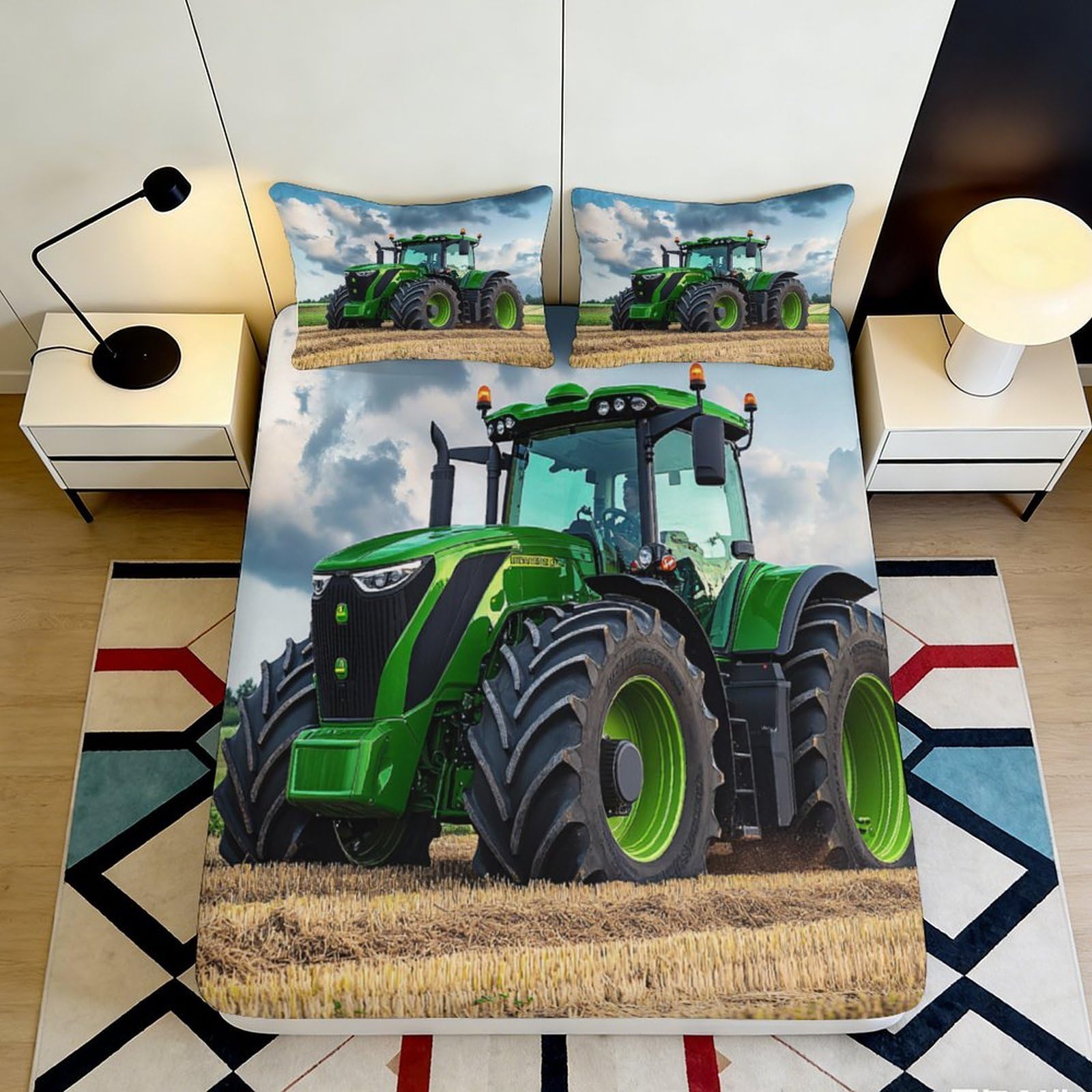 3D Printed Green Tractor Fitted Sheet Microfiber Durable Breathable Farm Vehicle Mattress Cover for Bedroom Dormitory Guest Room Mattress Protection 140x200x25cm