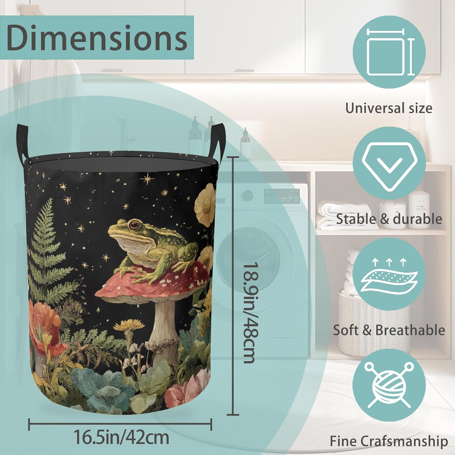 Starry Sky Frog Mushroom Round Laundry Basket Collapsible Laundry Hamper with Handles Toys Clothes Organizer Bin For Home Bathroom Bedroom Dorm Nursery