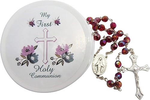 Miniatura 4 de Westmon Works Juego de rosario de primera comunión para niñas, cuentas rojas oscuras y centro de mesa de Nuestra Señora de Gracia con funda