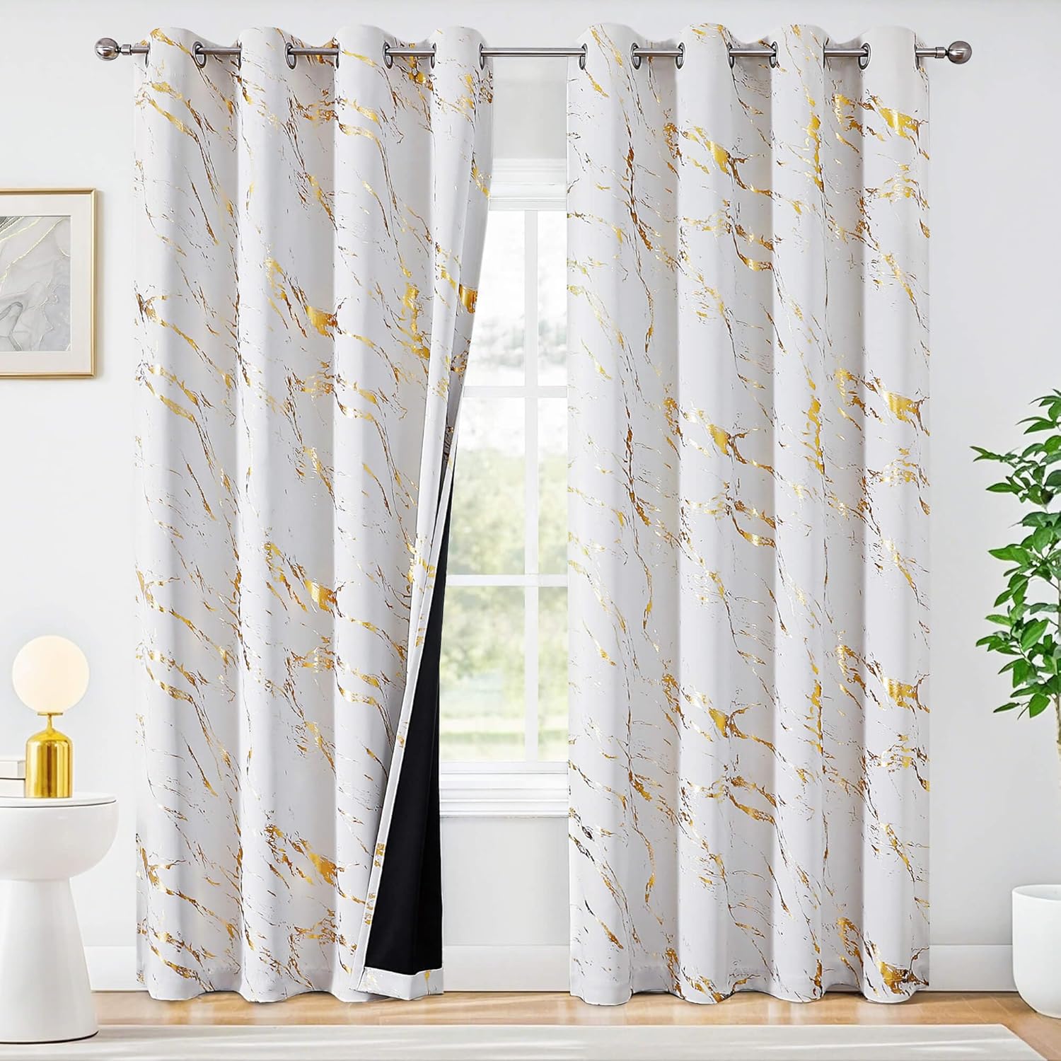 WUBODTI Grey White and Gold 100% Blackout Curtains for Bedroom Living Room 96 Inches Long, Metallic Gold Marble Patterned Curtain Modern Abstract Thermal Insulated Window Treatments, 2 Panels Set