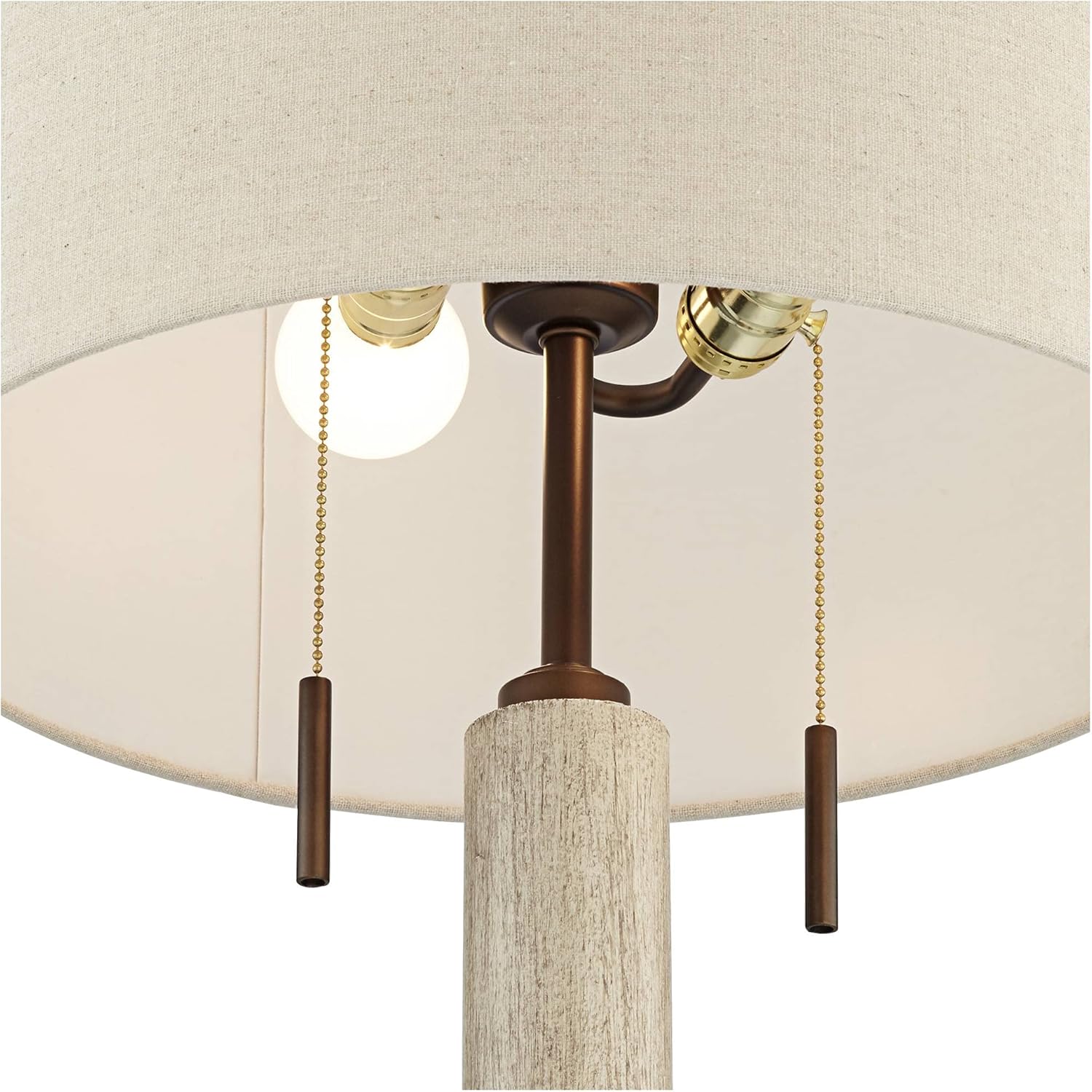 Franklin Iron Works Hugo Mid-Century Modern Natural Cottage Table Lamp with USB Charging Port 28.5" Tall Whitewashed Wood Column Fabric Drum Shade for Living Room Bedroom House Bedside Nightstand