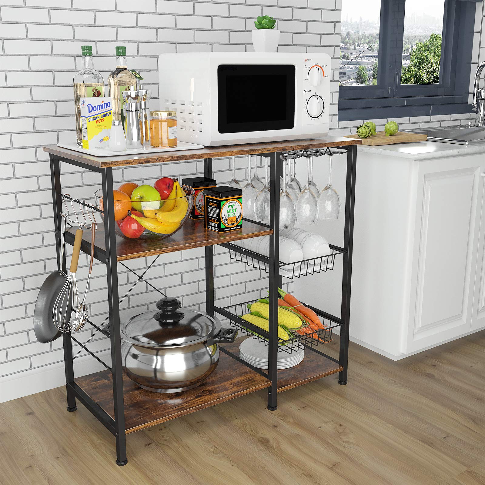 Kitchen Baker’s Rack, Coffee Bar with Wire Basket Microwave Oven Stand