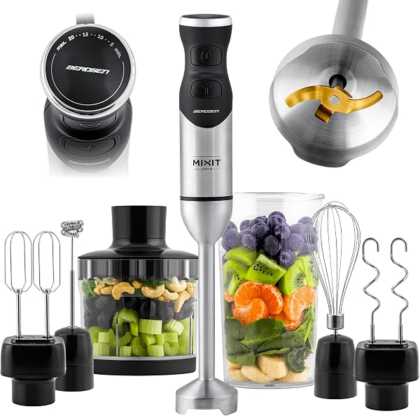 Berdsen Blender reczny 375300 1500 W wielofunkcyjny zestaw 6 w 1 tytanowe ostrze kruszy lod turbo 20 predkosci BPA free stal inox