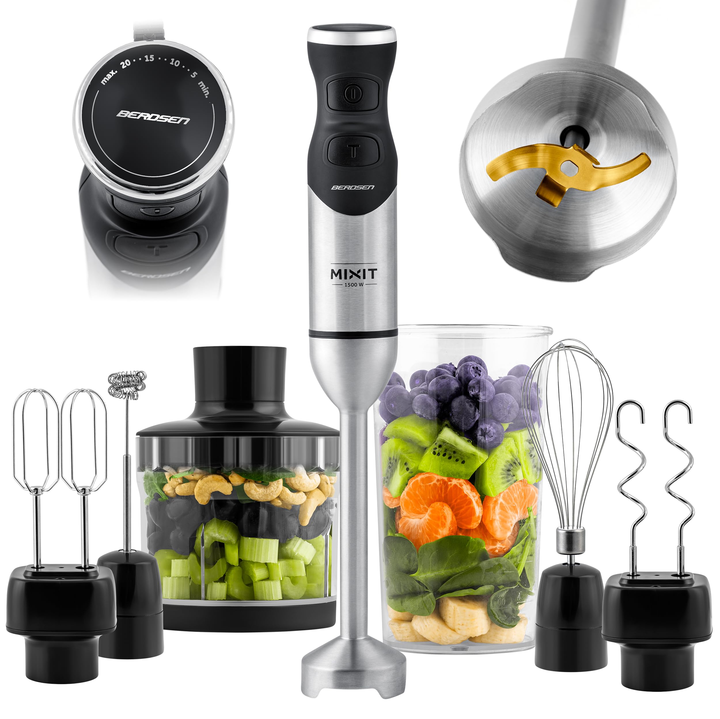 Berdsen Stabmixer Handmixer Pürierstab 1500W Multifunktional Mit Zubehör Turbo Funktion 1000 ml Titan Edelstahl Schwarz Silber