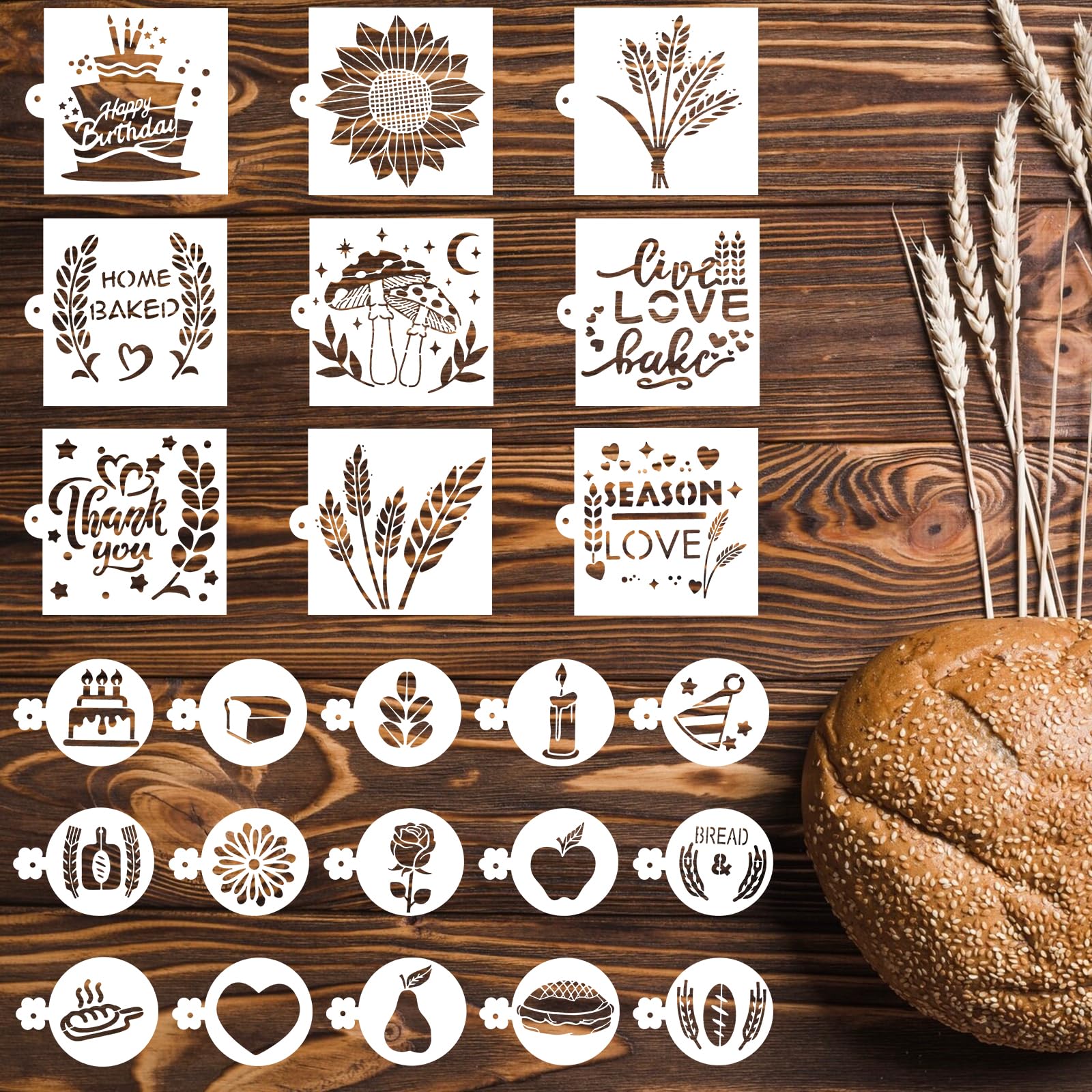 24Pcs Bread Stencils for Sourdough, Cake Stencils Mold Set for Bakery Supplies, Coffee Stencil Template for Bread Making Accessories, Gifts for Sourdough Bakers, Pie, Cookie Birthday for Decorating