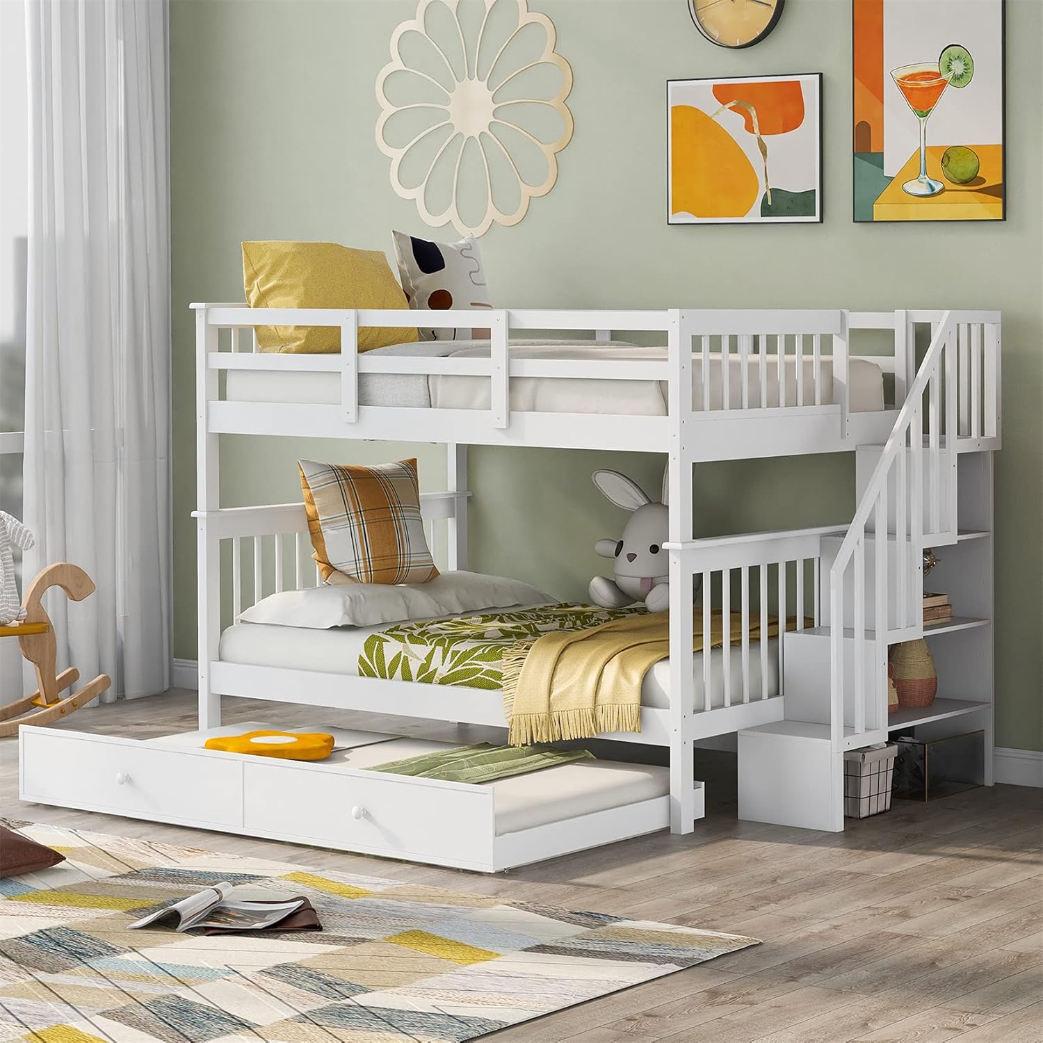 Bellemave Full Over Bunk Beds with Stairs and Trundle Wood Bed Frame Staircase Storage Shelves for Kids Teens Adult, Detachable Stairway Bunkbed Boys Girls, White