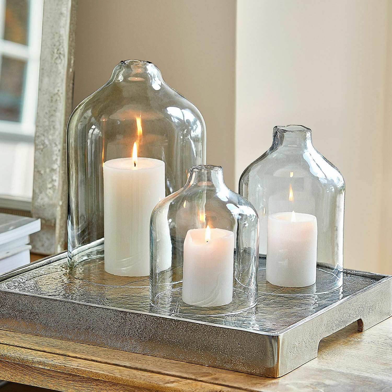Loberon Windlicht 3er Set Xalvent - DREI Größen - Mundgeblasen - Offene Unterseite - Schützt Kerzen und Deko - Wohnaccessoires - Glas, klar