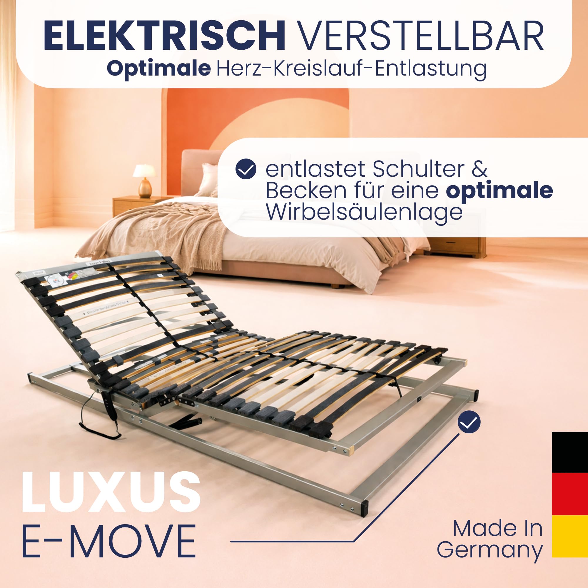 BeCo Luxus E-Move elektrischer Lattenrost 120x200 cm - Kopf- & Fußteil elektrisch verstellbar - 7-Zonen - 28 Federholzleisten - montiert - TÜV geprüft - Made in Germany