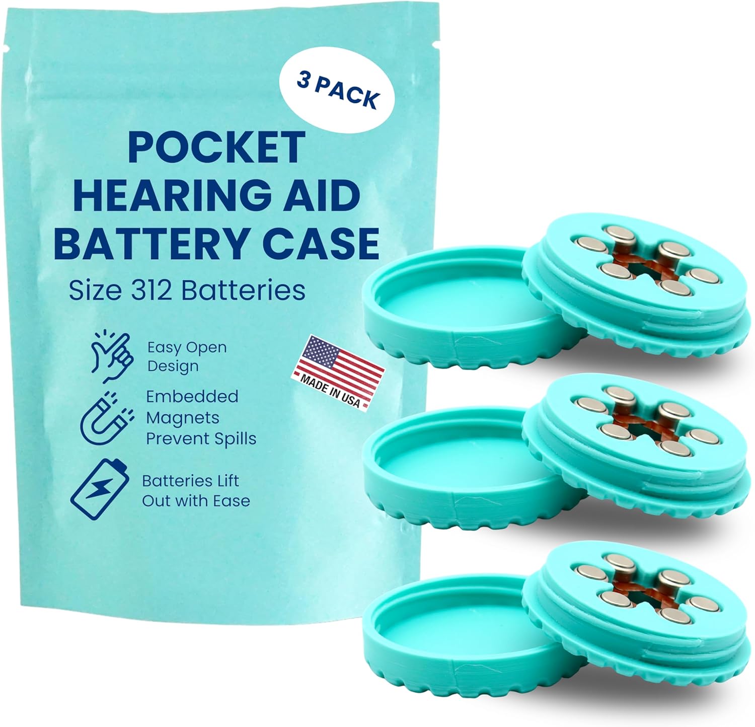 Pocket Hearing Aid Battery Case for Size 312 Batteries | Embedded Magnets for Secure and Easy Access | Custom Color Organizer | Slim Caddy for Pocket or Purse (Turquiose) (3 Pack)