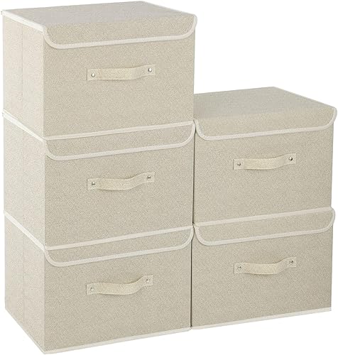Miniatura 16 de Cajas de almacenamiento, contenedores de almacenamiento plegables con tapas, cestas de almacenamiento de tela de algodón y lino con asa, para