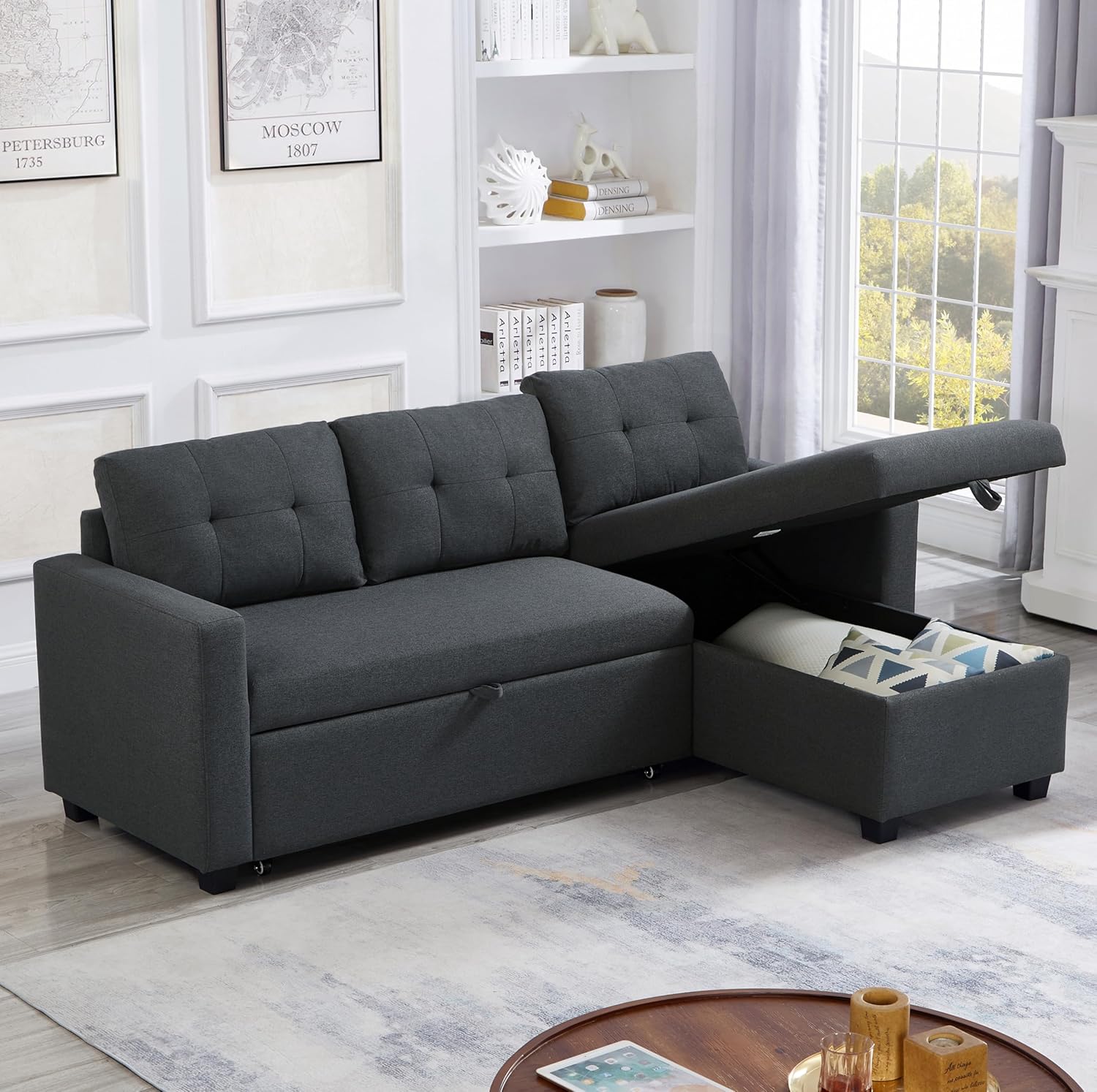 Reversible Sectional Sofa Couch, Sleeper Sofábed with Storage | Pull Out Couch | Loveseat Sleeper | Removable Backrest | Suitable for Small Space Office Living Room, Dark Grey