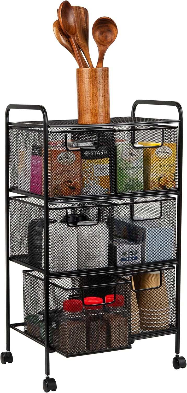 Mind Reader Network Collection, Rolling Storage Cart with 6 Removable Drawers, Utility Cart, Omnidirectional Wheels, Desk and Bathroom Organizer, Lightweight and Portable, Metal Mesh, Black