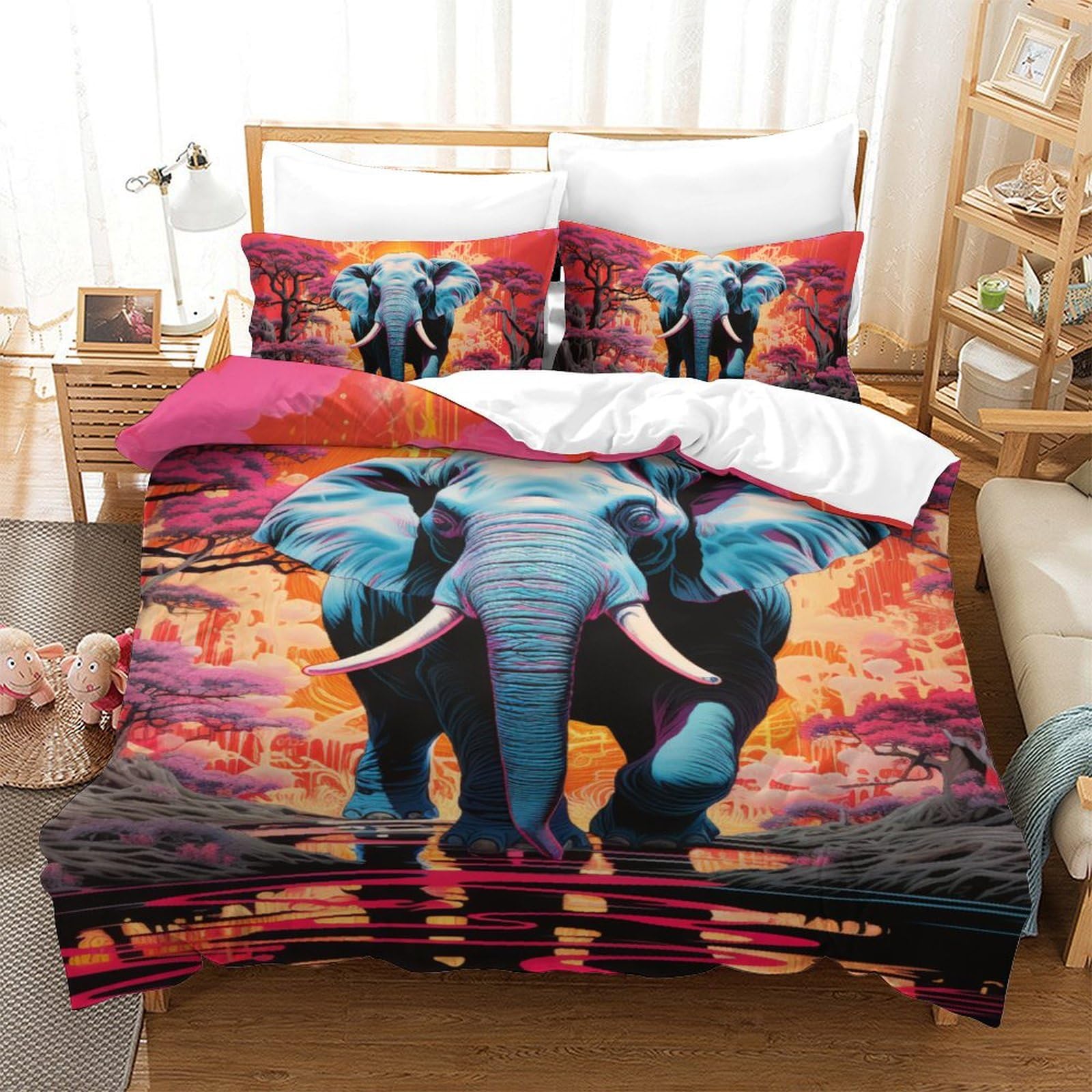 Linge de lit motif éléphant 3D microfibre parure housse de couette 140x200 et taie d'oreiller