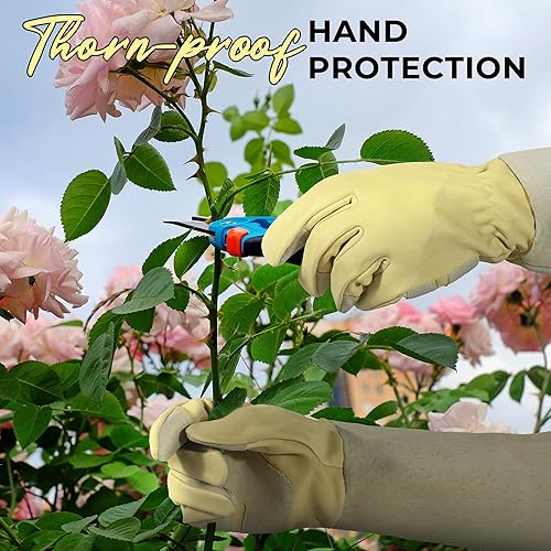 Miniatura 103 de HANDLANDY - Guantes de jardinería para poda de rosales para hombres y mujeres, guantes largos a prueba de espinas, de cuero de cerdo, transpirables