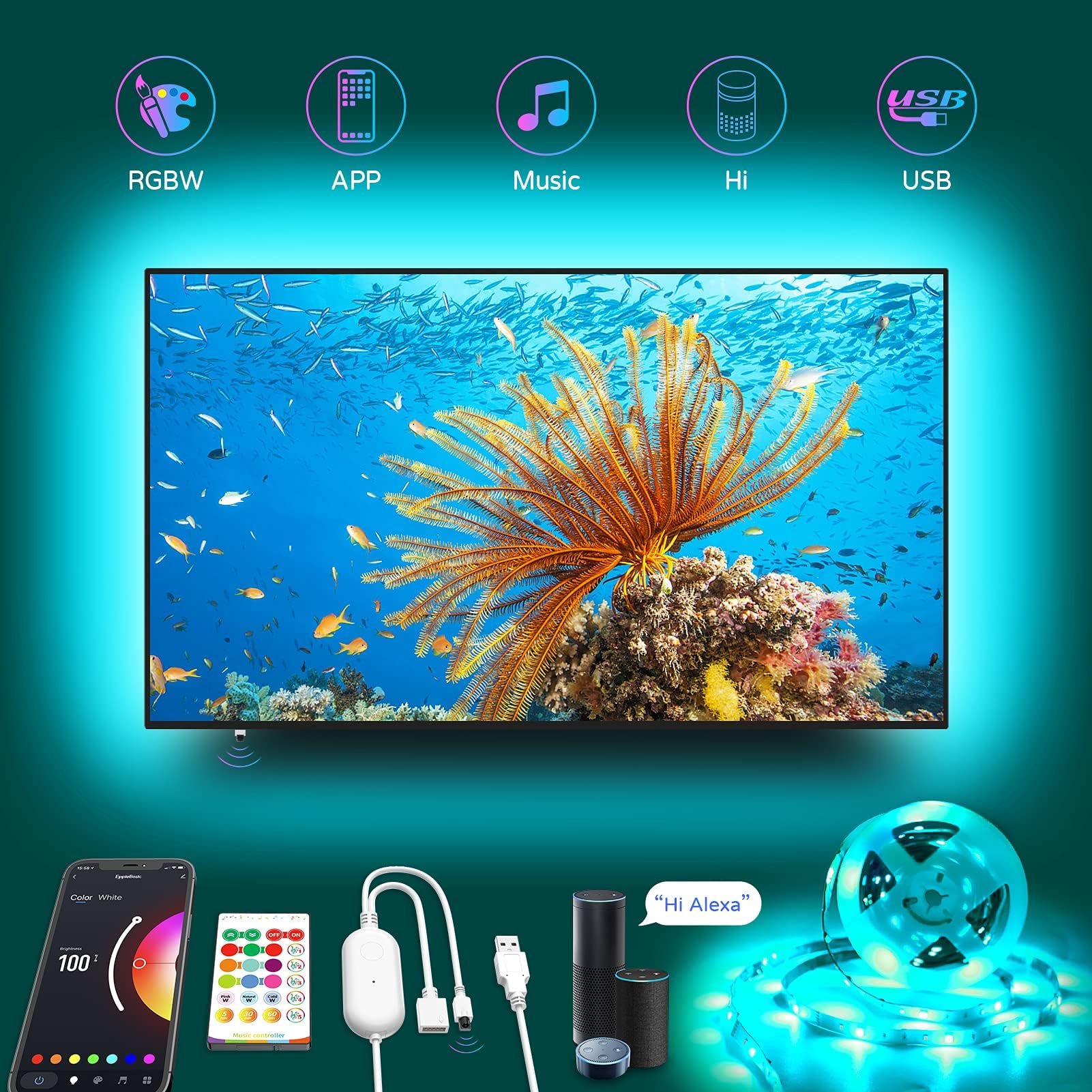 USB LED Light for TV 60 65 Inch,14.9Ft Smart WiFi TV LED Backlight Work with Alexa,RGBW TV Led Light Strip Music Sync,Color Changing,6500K Bias Lighting for 60-72inch(Only Supports 2.4 GHz WiFi)