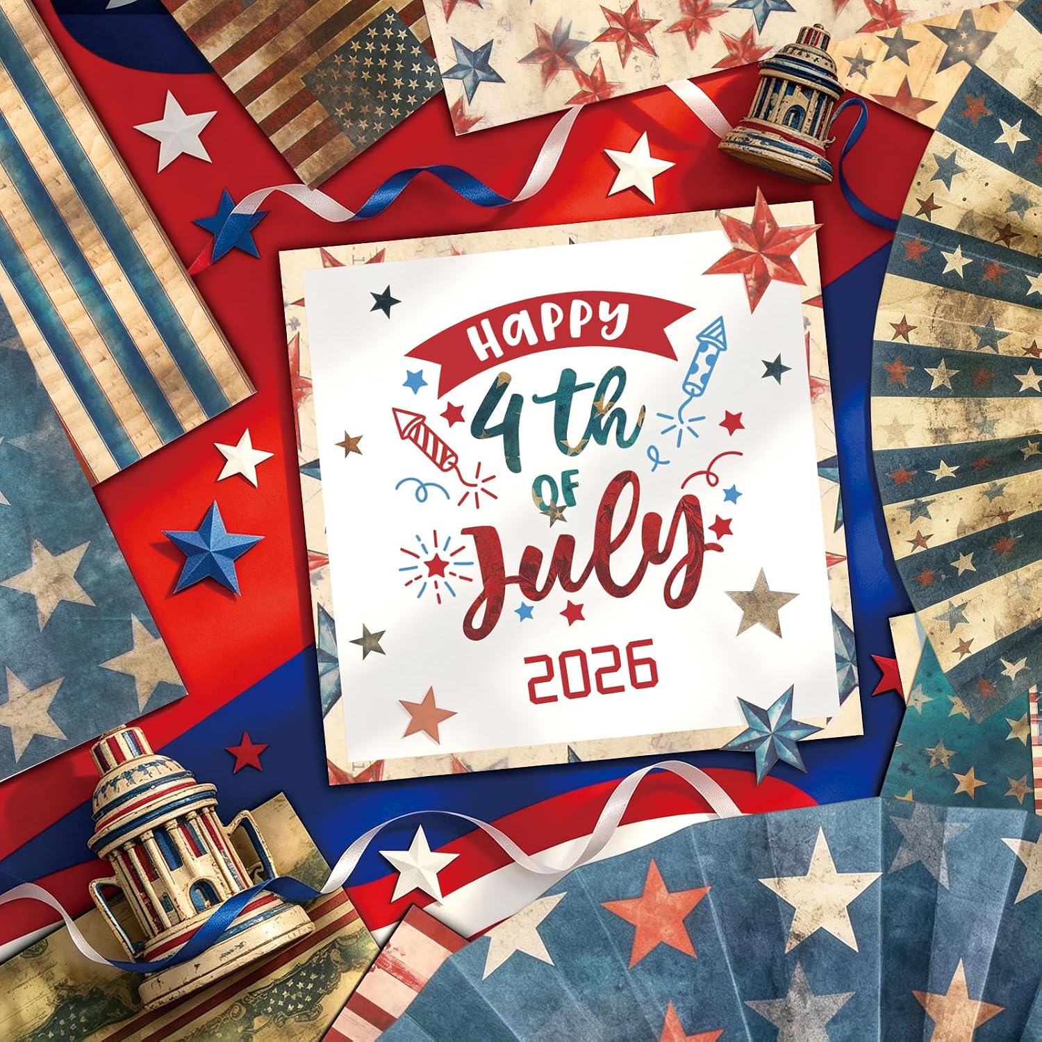 Konsait 24 Sheets Patriotic Origami Paper 6x6, Single Sided Vintage Scrapbook Papers Red White and Blue Decorative Cardstock Independence Day Craft Paper Sheets 4th of July Crafts Scrapbook Supplies