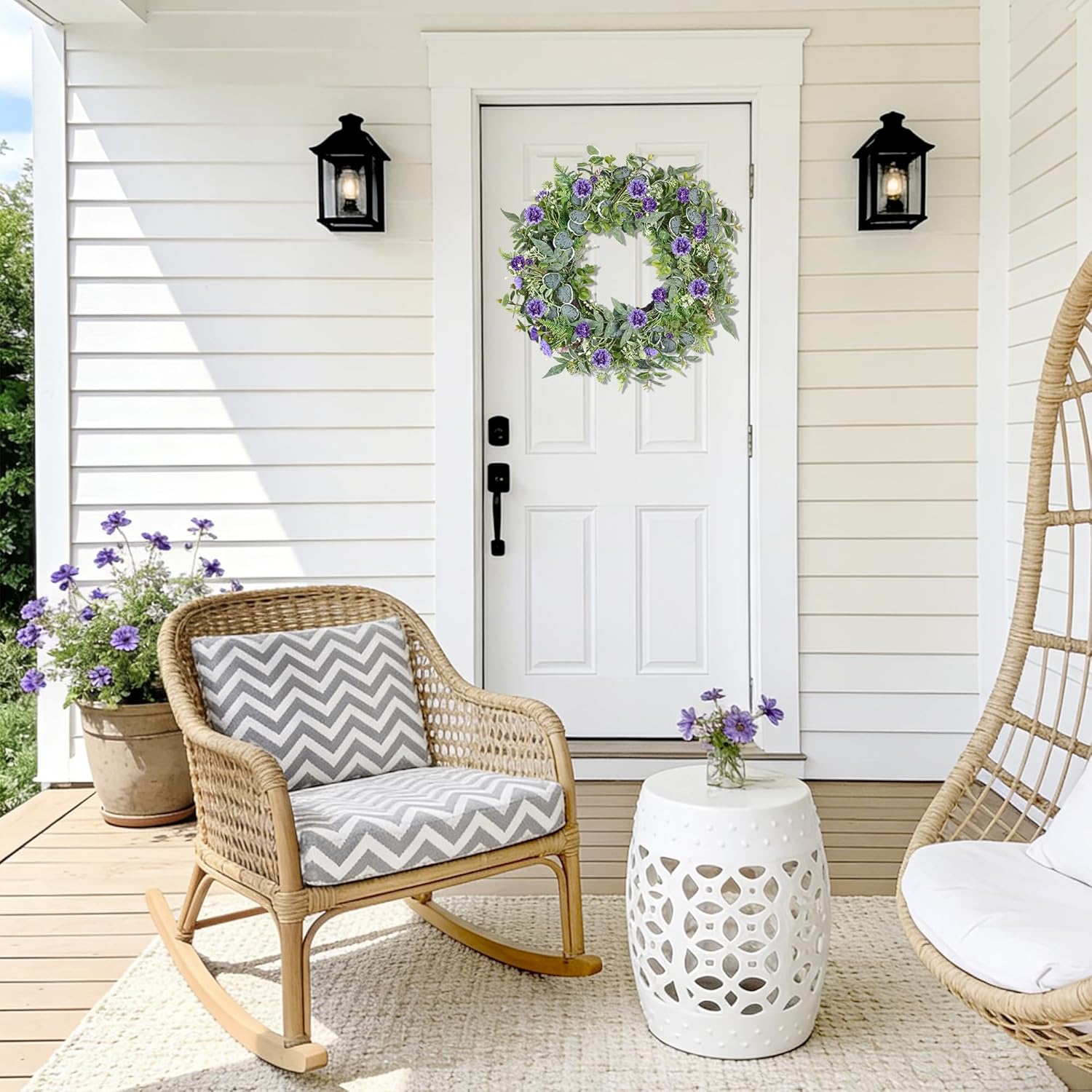 Eucalyptus Wreaths for Front Door, 24 Inch Purple Carnation Wreath, Spring Summer Door Wreath for All Seasons for Porch Home Wall Window Office Wedding Easter Decor (Indoor Outdoor Use)