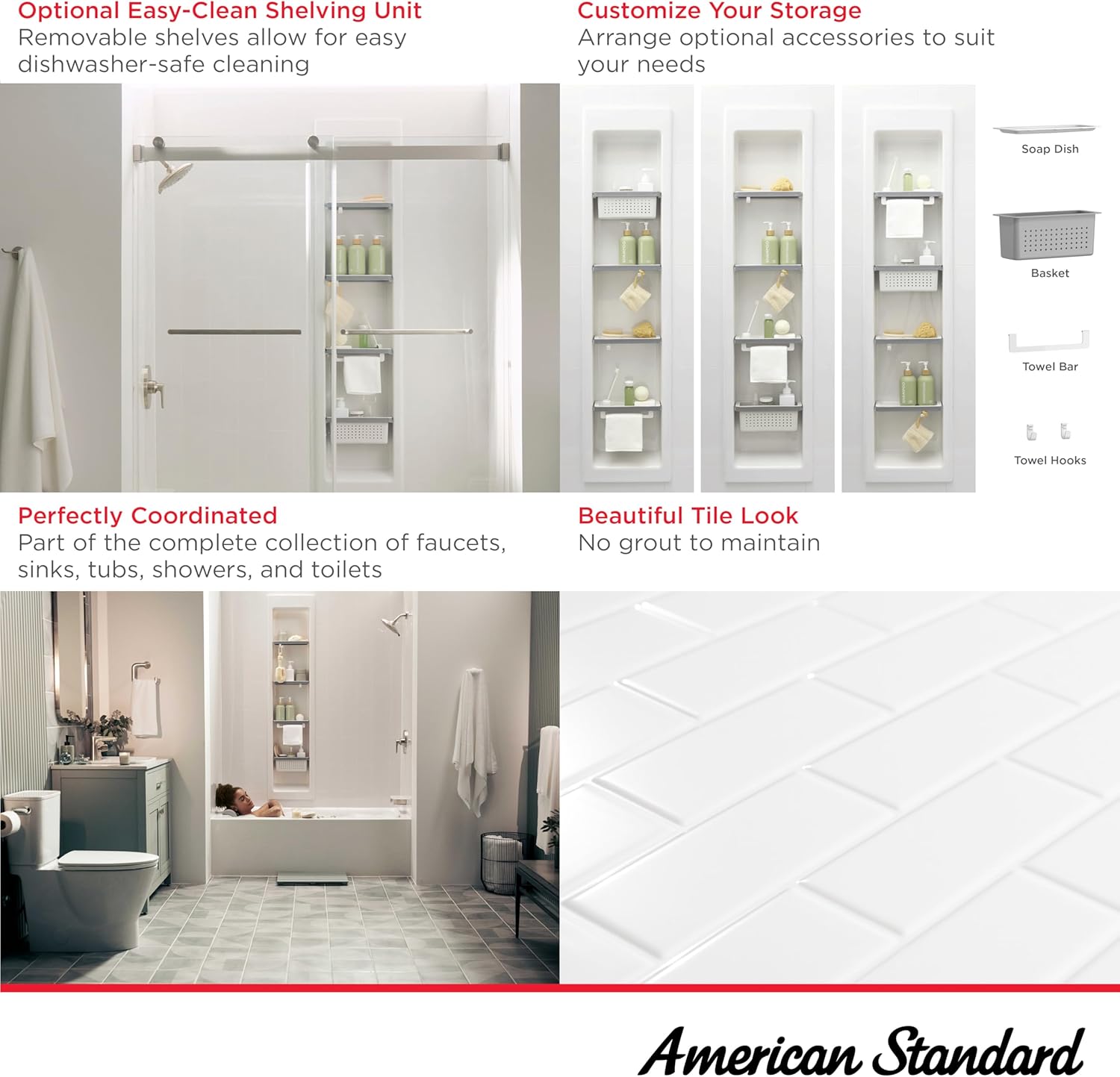 White Glossy Tile 72" Bathtub Wall Panels