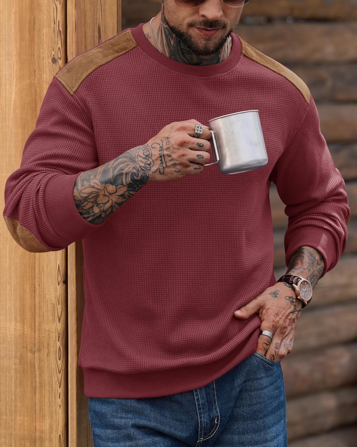 Men Waffle Elbow Patch Shirt Western Long Sleeve Fall Pullover(S-2XL) - Image 4