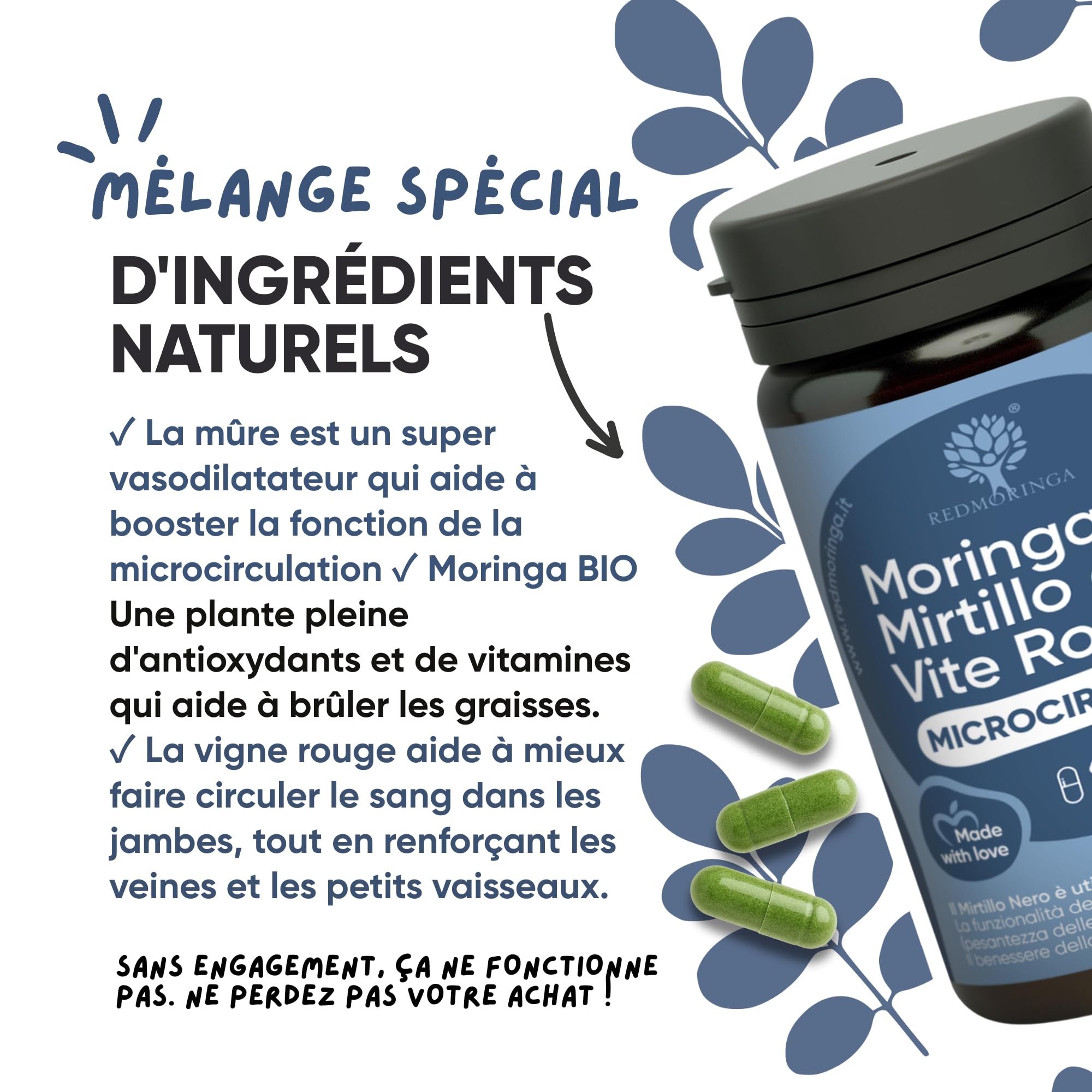 RedMoringa - Supplément Anti Jambes Lourdes & Circulation Sanguine - avec Moringa et Myrtille Noir - Jambes Légères, Drainage Naturel - 100% Naturel - 60 Gélules Végétales