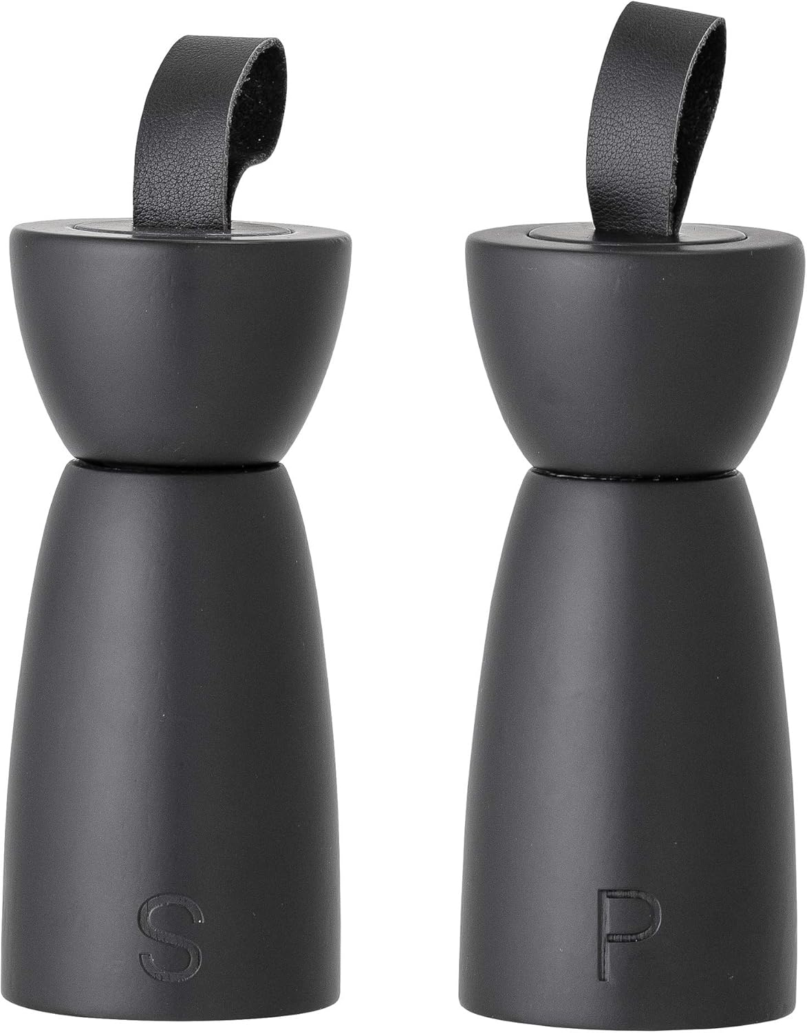 Bloomingville 82048934 Salt and Pepper Mill, Rubber Wood, Stainless Steel, Leather, Black