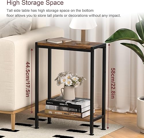 Miniatura 3 de Mesa auxiliar estrecha para espacios pequeños, mesa auxiliar pequeña de 2 niveles con soporte para estantes, mesita de noche delgada, mesa de sofá