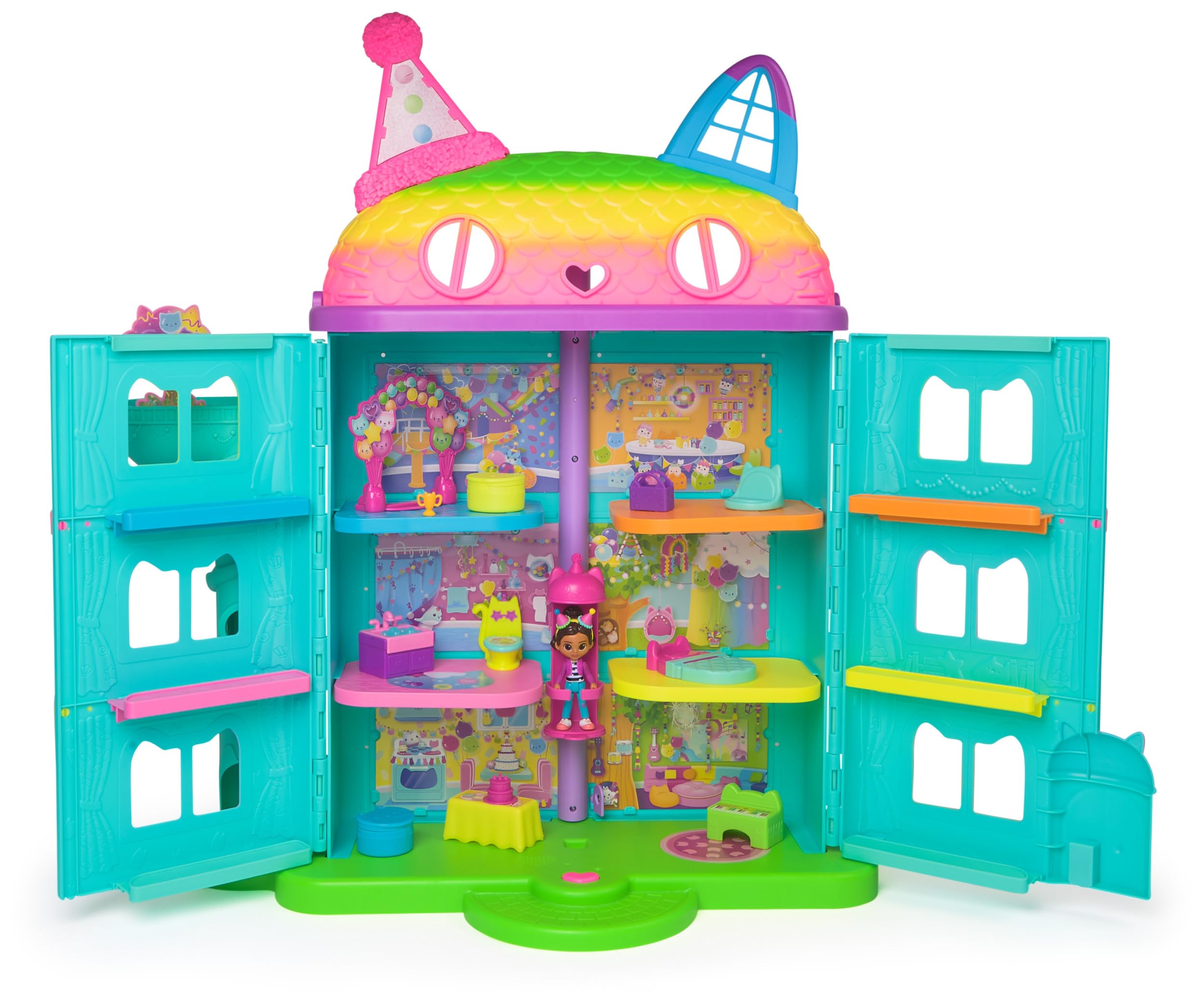 LA CASA DE MUÑECAS DE GABBY - CASA DE MUÑECAS FESTIVA GABBY'S DOLLHOUSE CON SONIDOS, FIGURA, 14 ACCESORIOS ARCOIRIS Y 2 CAJAS SORPRESA - 6070742 - Juegos Infantiles - Juguetes Niños 3 años +