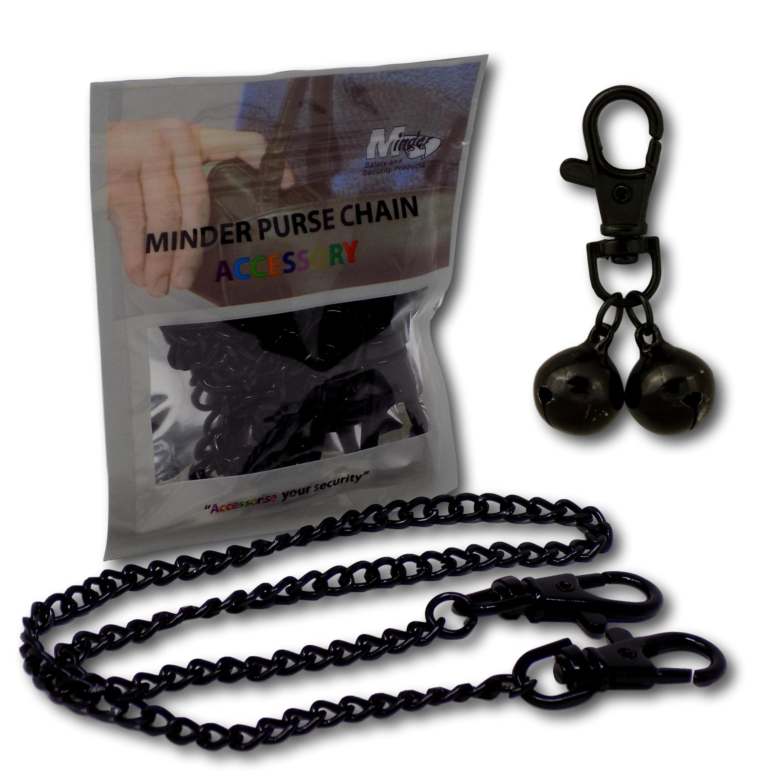 Minder Black With Chain Bell Accessories Handbag Purse Keys Wallet Phone Theft Pickpocket Holiday Twin Security Alarm Bells Attachment (Black With Chain)