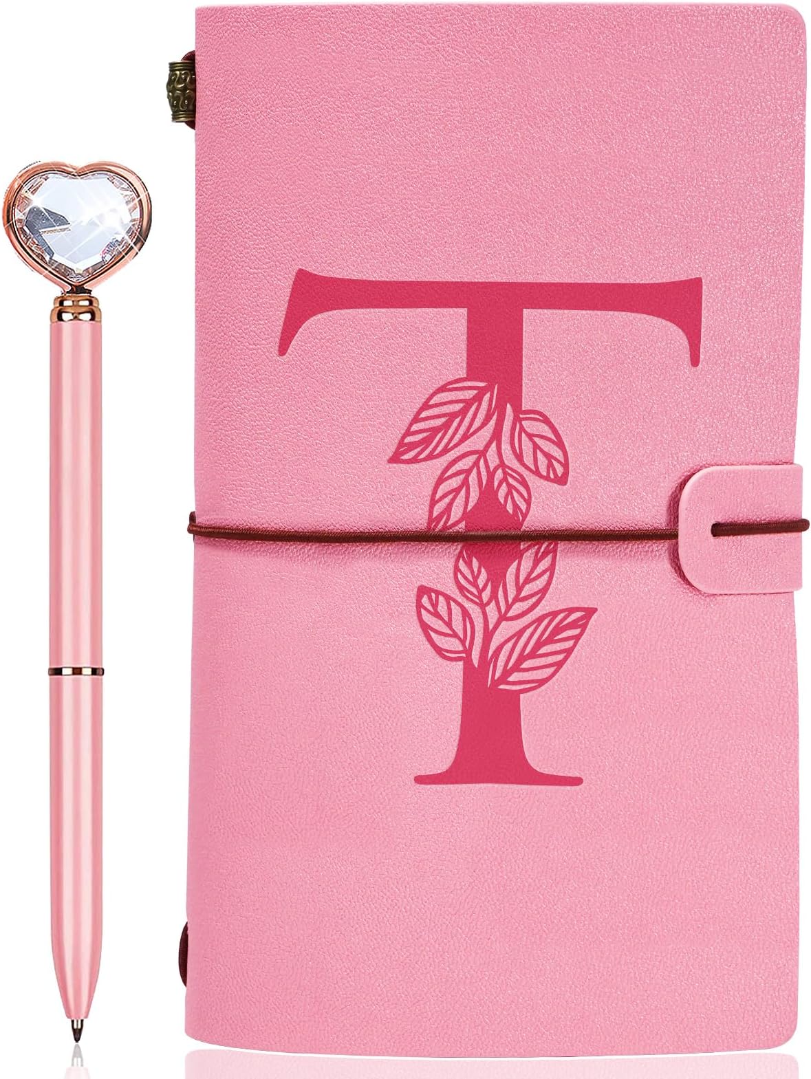 JEWPHX Personalized Journal Gift-Pink Initial Leather Journal+Heart Diamond Pen Set,Travel Notebook Diary Gifts,Refillable Notepads,Christmas,Birthday Gifts for Women Girls (7.9"x4.7") (T)