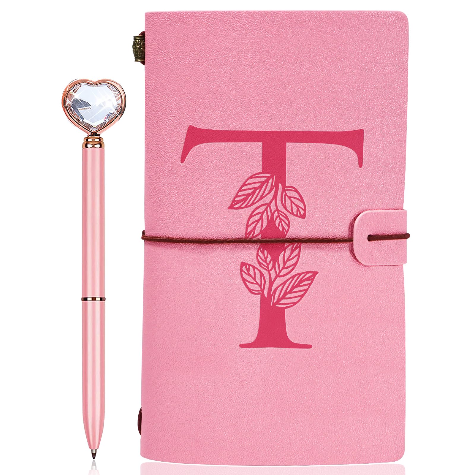 JEWPHX Personalized Journal Gift-Pink Initial Leather Journal+Heart Diamond Pen Set,Travel Notebook Diary Gifts,Refillable Notepads,Christmas,Birthday Gifts for Women Girls (7.9"x4.7") (T)