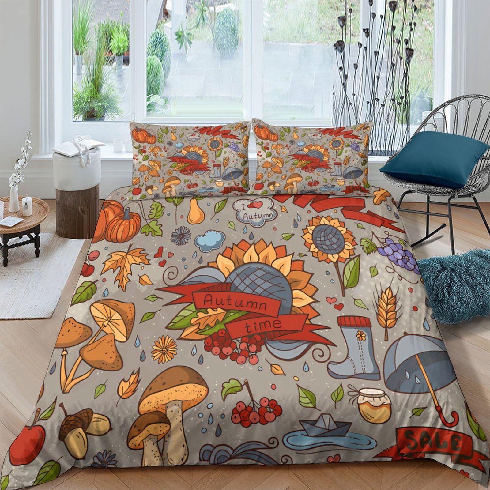 Housse de couette anti-pli lit double parure microfibre champignons citrouille