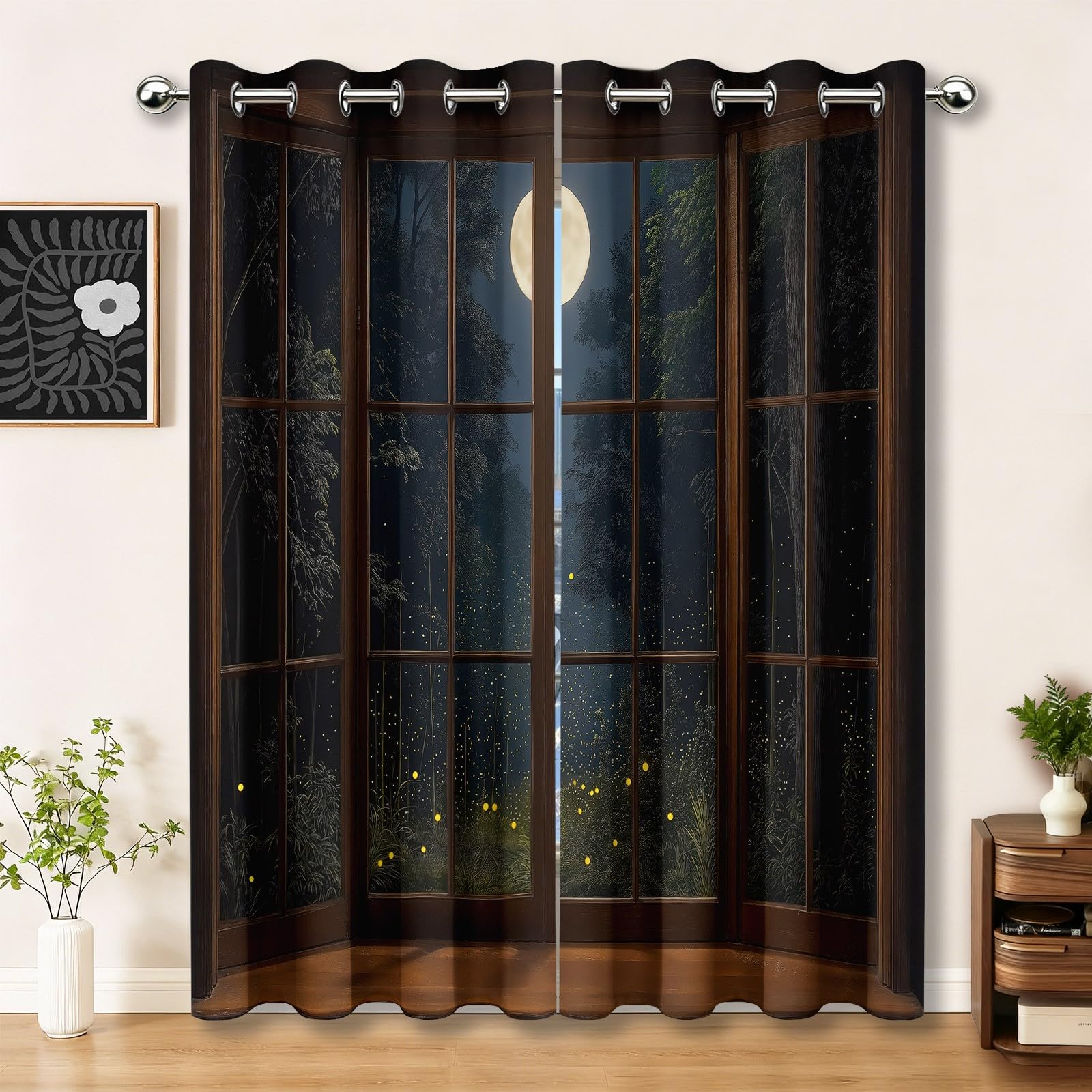 Generisch Natur Bedruckt Vorhänge H200 x B70 cm aus 2 Paneelen, Mond Wald Glasfenster Schalldicht Vorhang mit Ösen für Wohnzimmer Schlafzimmer, Braun Verdunkelung Wärmeisoliert Gardine
