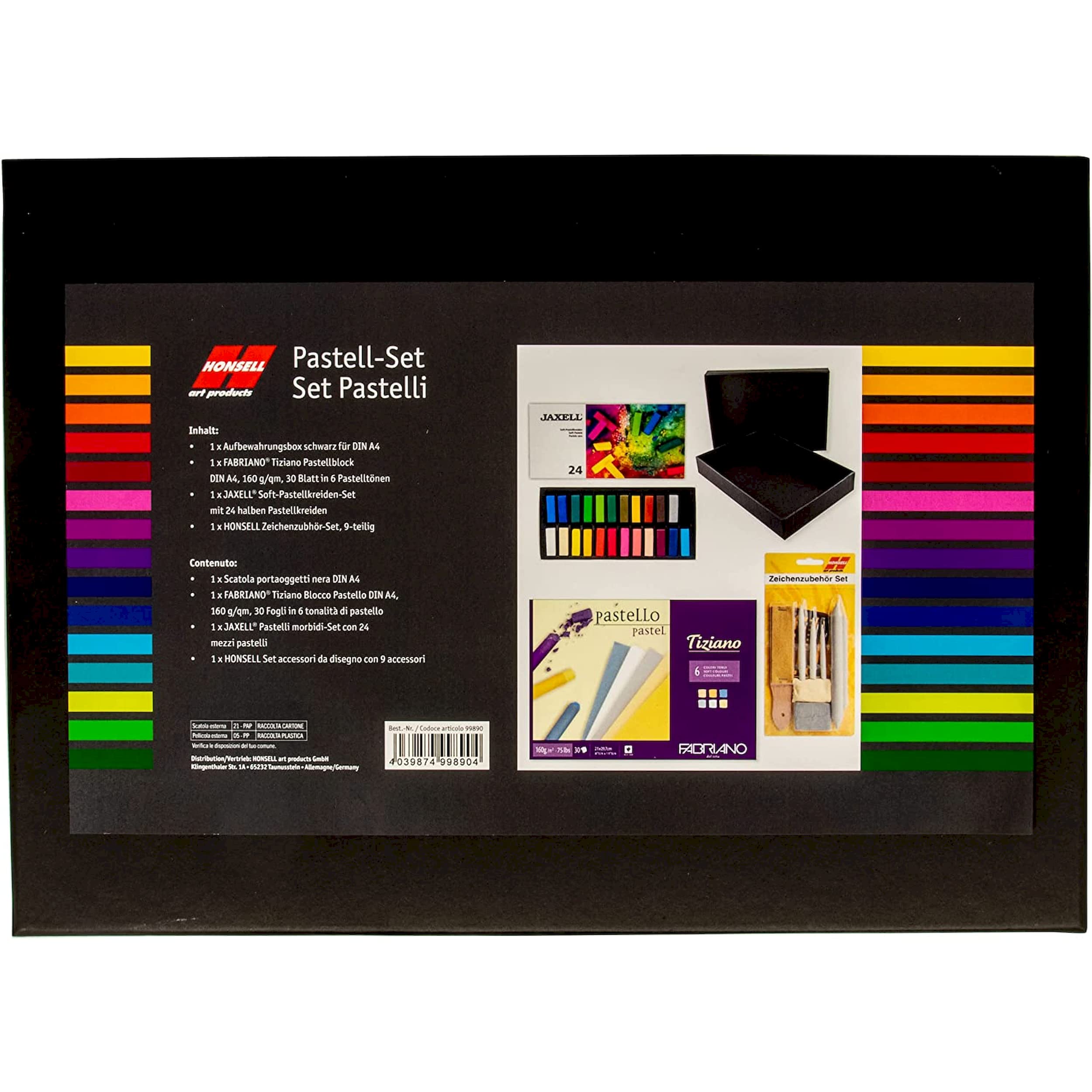 Honsell 14-99890 - Pastellfarbenset "Pastelli" - Künstler Set, Schwarze Aufbewahrungsbox mit 24 Soft-Pastellkreiden, Zeichenzubehör-Set und einem Zeichenblock in DIN A4
