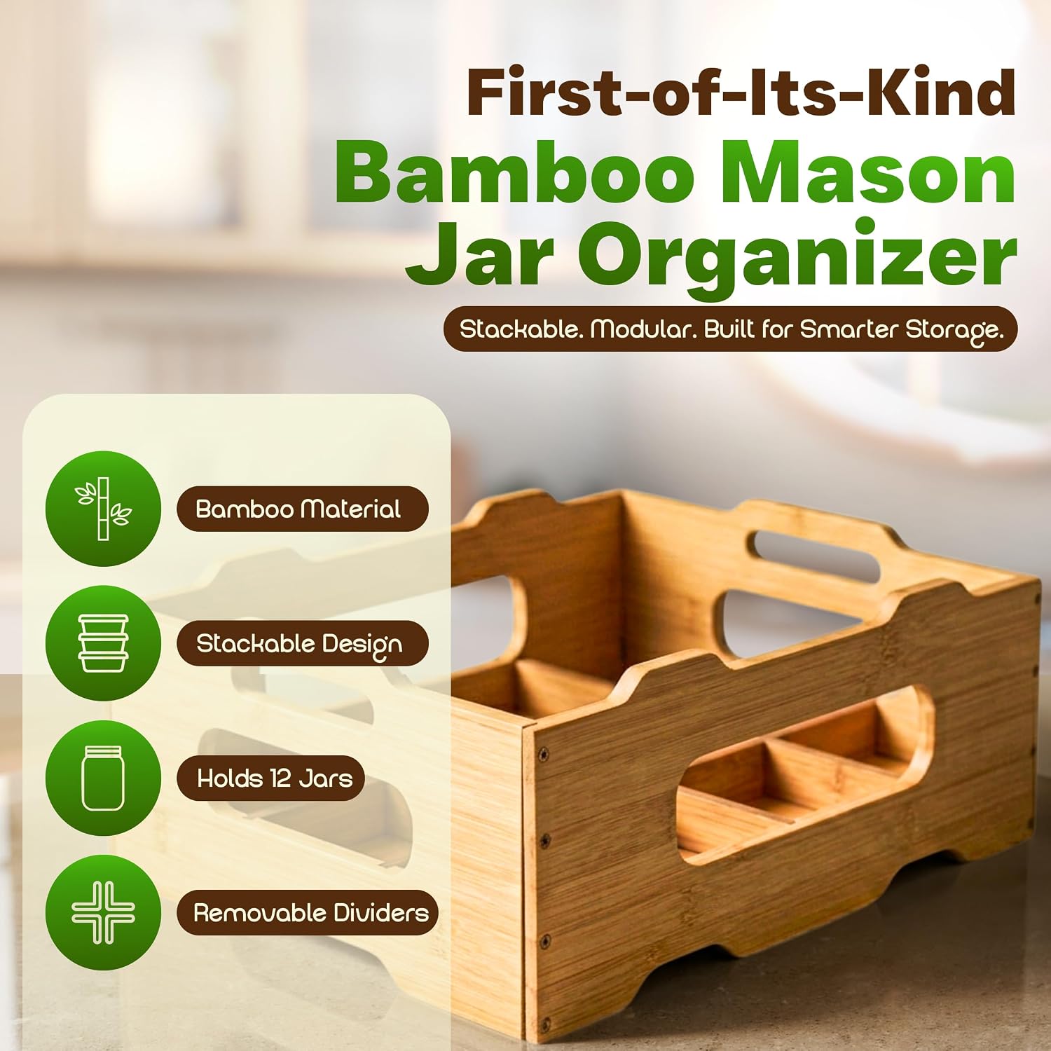 Mason Jar Organizer - Stackable Storage Holder Rack Caddy for 16oz Jars, Holds 12 Jars with Dividers, Kitchen Pantry Spice Canning Essentials for Countertop Shelves