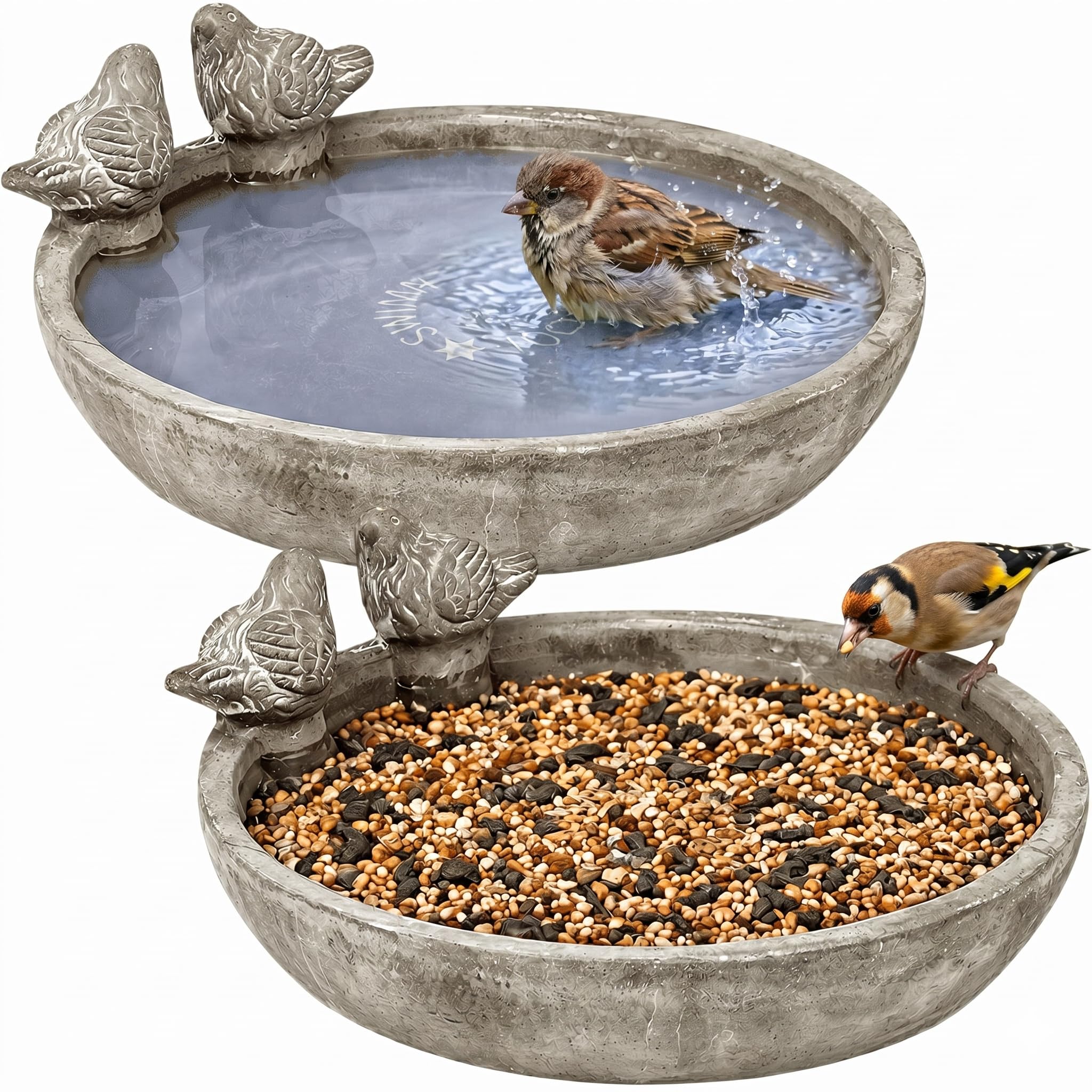 Vogeltränke Vogelbad Gartenvögel Wasserschale Vogeltränke Vogelbecken mit 2 Deko-Vögeln 26 cm rund für Balkon Terrasse Garten Dekoschale Wasserstelle für Wildvögel - 2 Stück