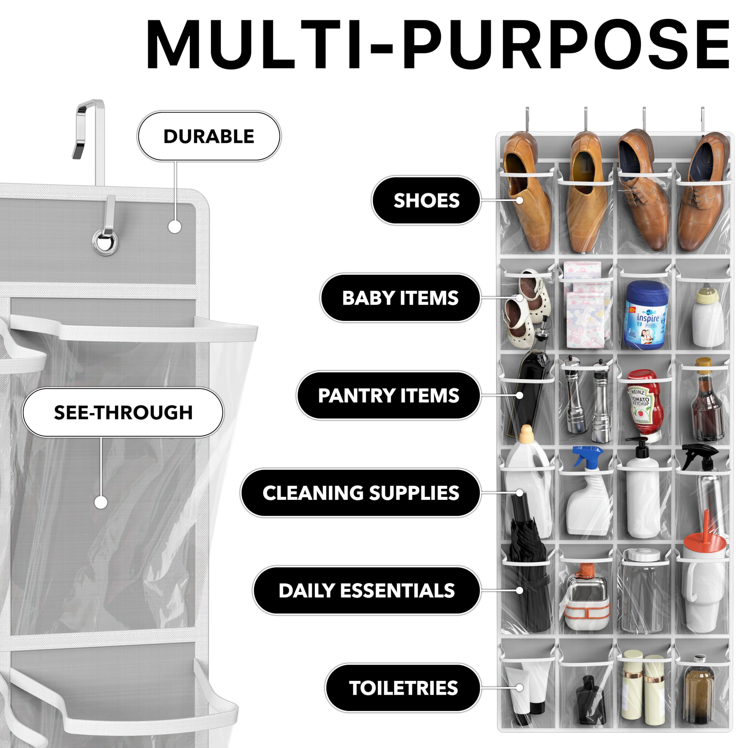 Simple Houseware Organizador de Zapatos para Colgar sobre la Puerta, 24 Bolsillos Grandes y Transparentes, Gris (56" x 22.5")