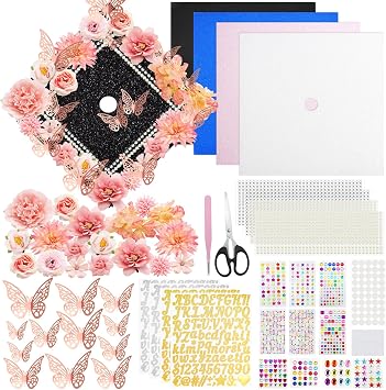 ZYNERY Graduation Cap Decorations Kit Grad Cap Topper Decor Includes Glitter Paper 3D Butterfly Faux Flower Letters Stickers, Cap Decorations for DIY Graduation Cap Topper Pink