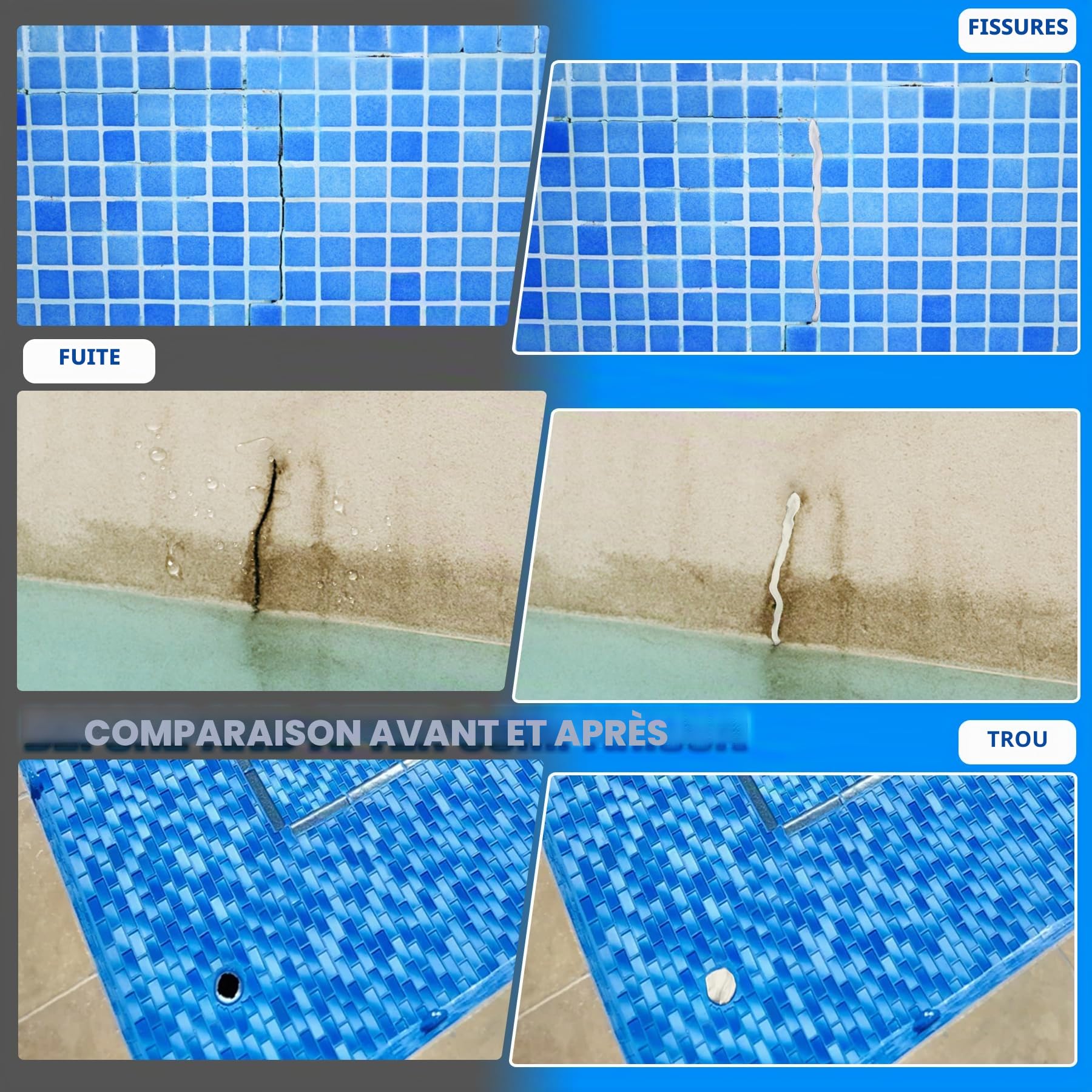 Mastic époxy 340g réparation rapide piscine sous l'eau sur l'eau 2 parties argile gravée métal carreaux plastique
