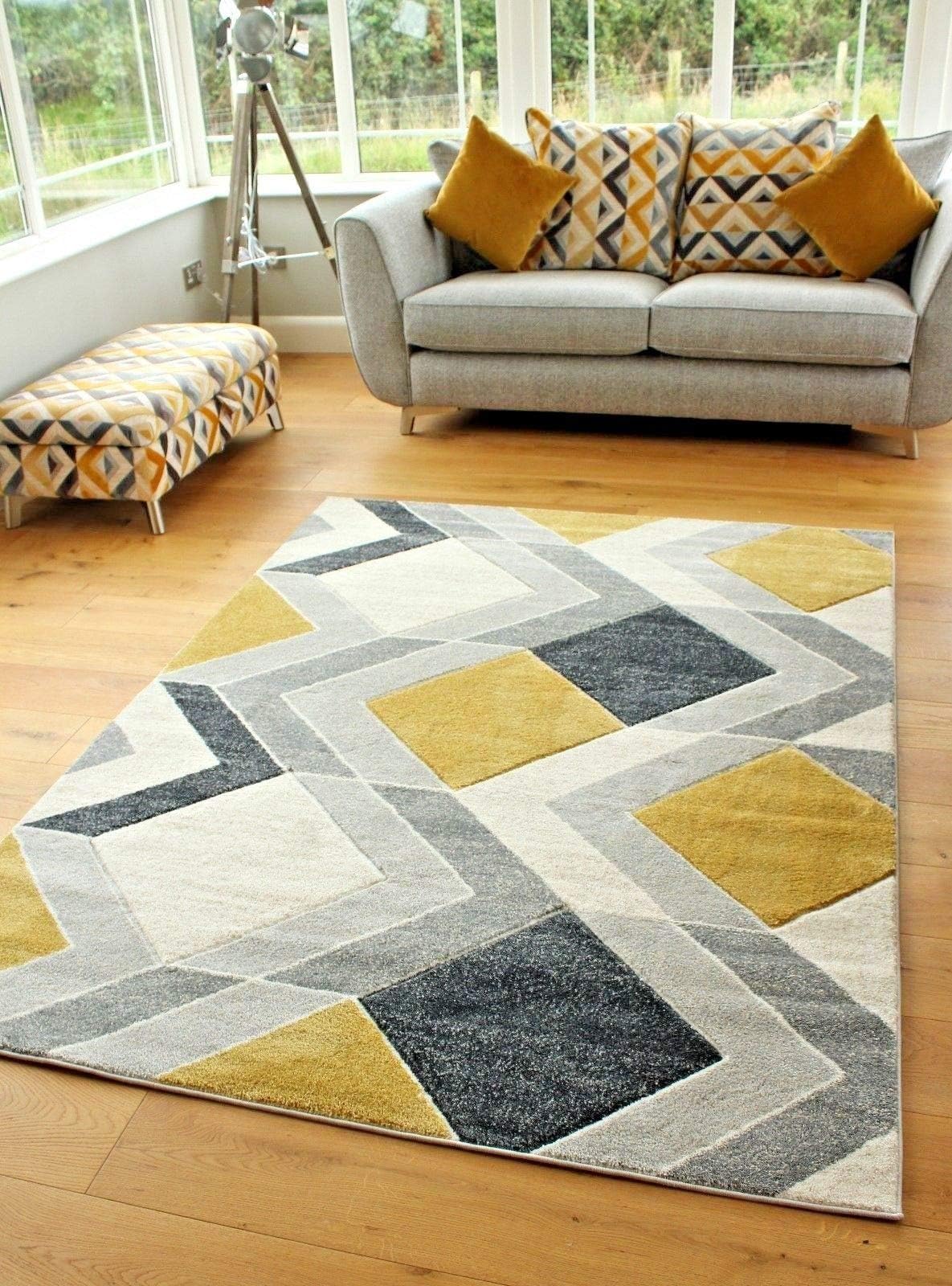 Small Large Mustard Beige Cream Silver Grey Geometric Design Rugs