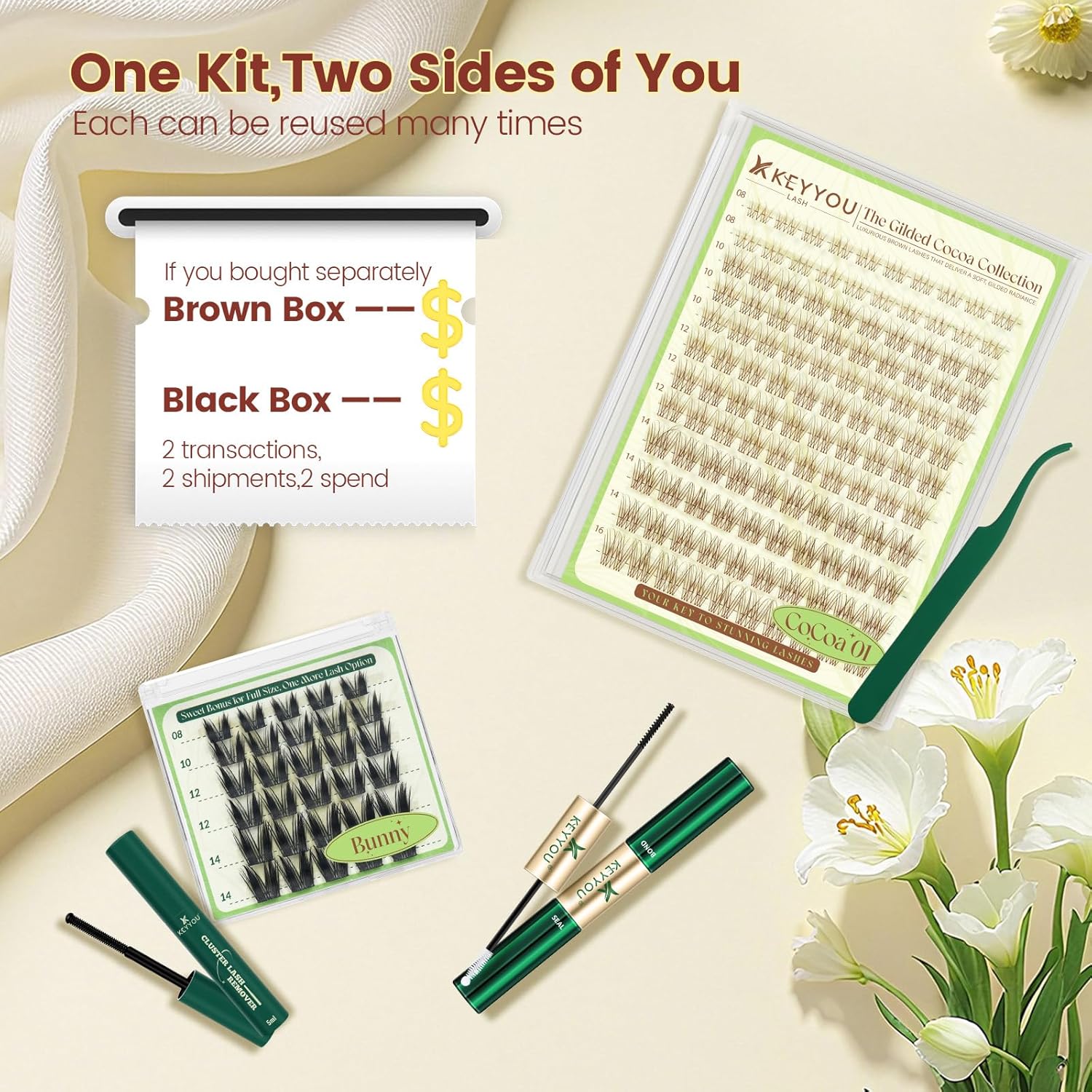 KEYYOU Brown Velure Lash Clusters Kit - Natural Wispy C Curl Manga 8-16mm Lash Extension Kit Includes Bonus Bunny Black Lashes with Bond and Seal, Remover & Applicator for DIY At Home (CoCoa01)