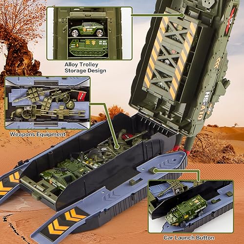 Miniatura 3 de WNSULL Juego de juguetes de tanque juguetes de tanque del ejército con 6 autos y aviones de transporte militar de aleación tanque militar con luz