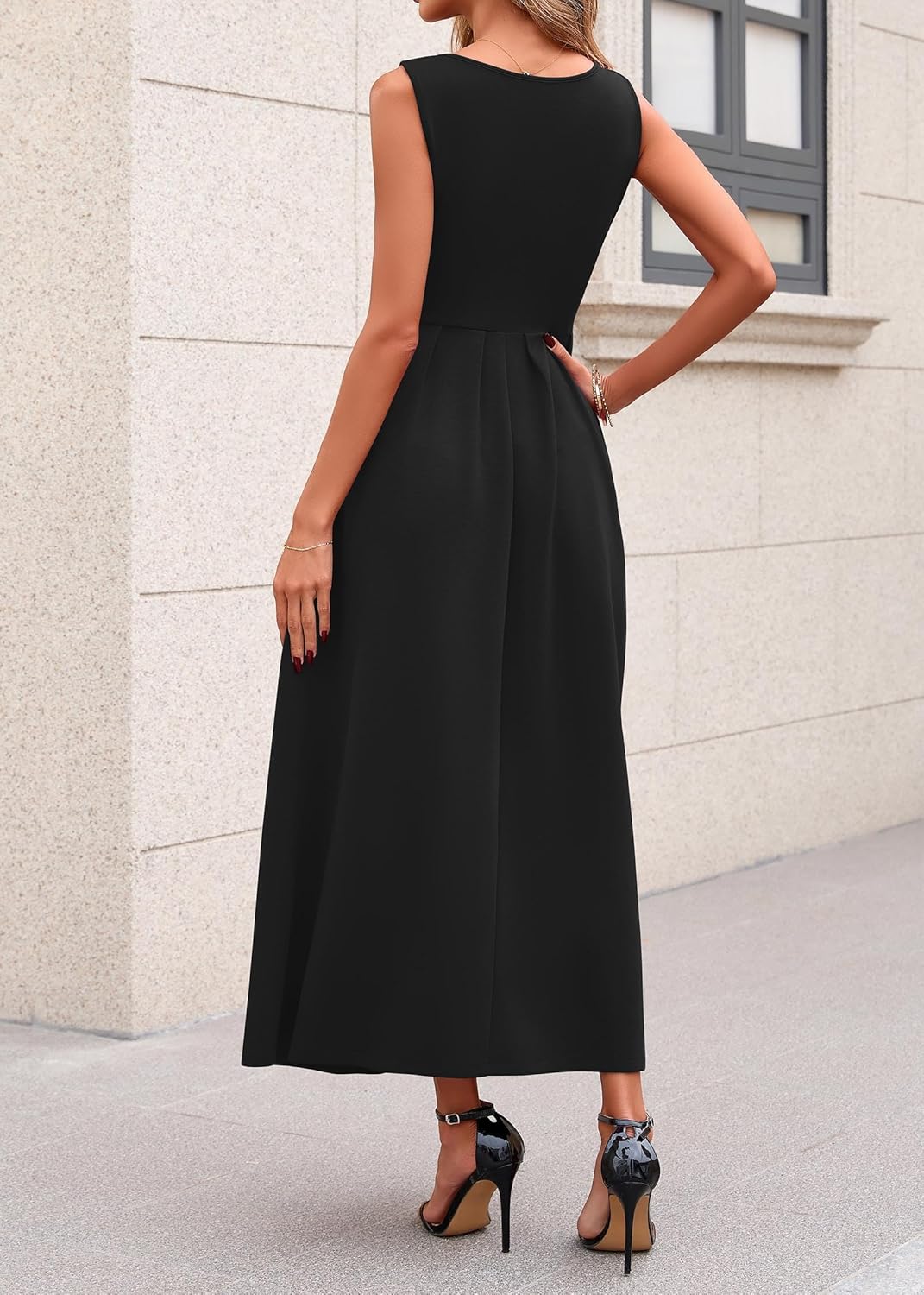 Lazysmile Summer Sleeveless Maxi Dresses for Women Mock Neck Pleated A Line Formal Cocktail Wedding Guest Dress
